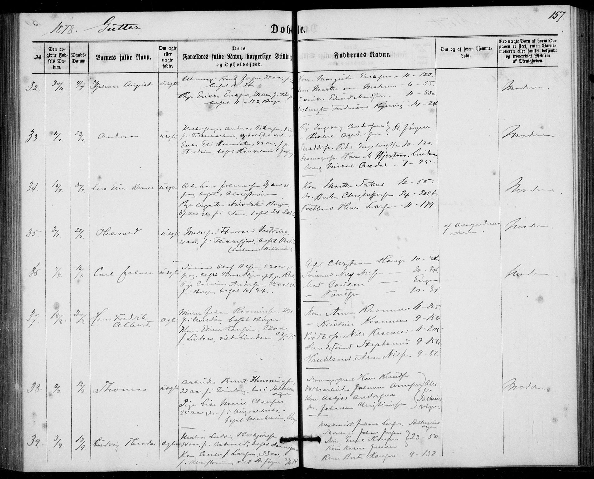 Fødselsstiftelsens sokneprestembete, ført av overlegen*, SAB/-: Parish register (official) no. A 1, 1863-1883, p. 157