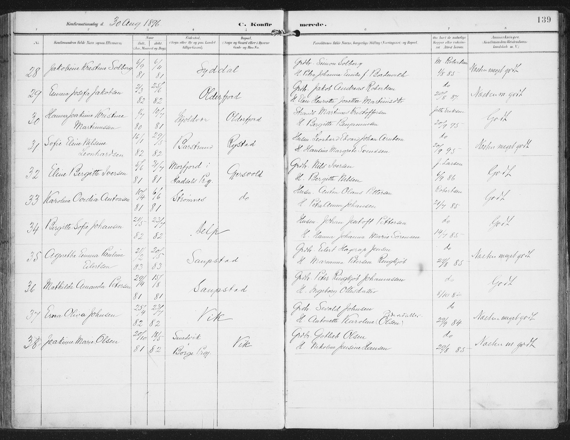 Ministerialprotokoller, klokkerbøker og fødselsregistre - Nordland, SAT/A-1459/876/L1098: Parish register (official) no. 876A04, 1896-1915, p. 139