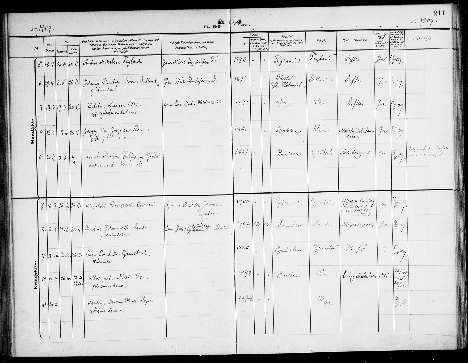 Tysnes sokneprestembete, SAB/A-78601/H/Haa: Parish register (official) no. B 2, 1907-1925, p. 211