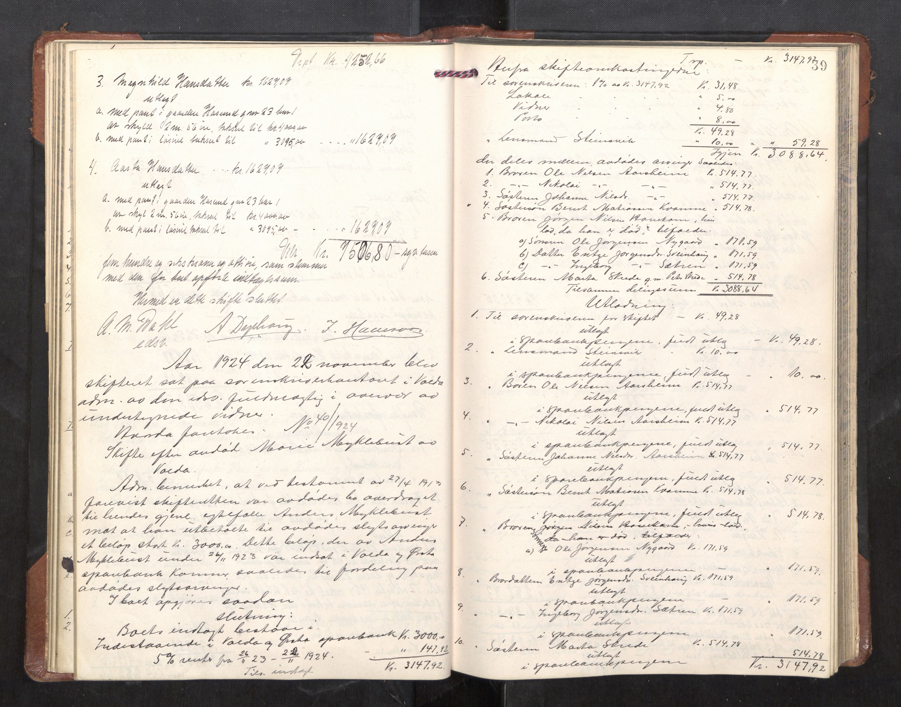 Søre Sunnmøre sorenskriveri, AV/SAT-A-4122/1/3/3A/L0025: Skifte- / Skifteutloddings- / Skifteslutningsprotokollar, 1924-1927, p. 38b-39a