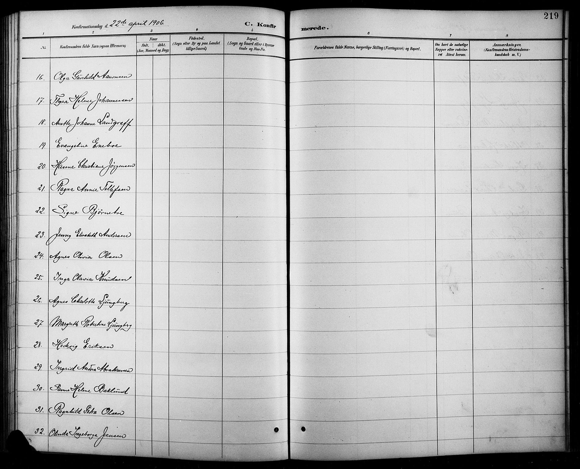 Arendal sokneprestkontor, Trefoldighet, SAK/1111-0040/F/Fb/L0006: Parish register (copy) no. B 6, 1889-1916, p. 219