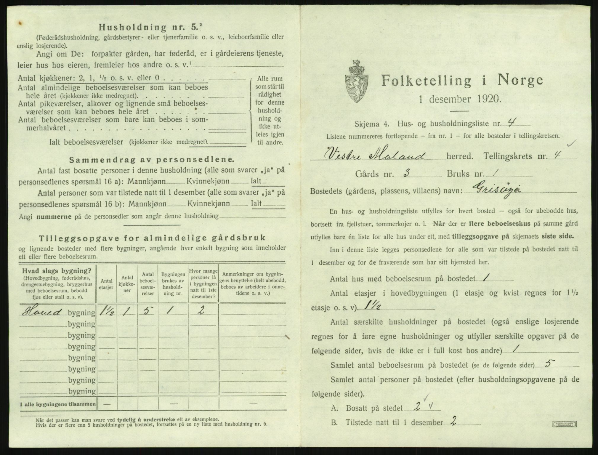 SAK, 1920 census for Vestre Moland, 1920, p. 583