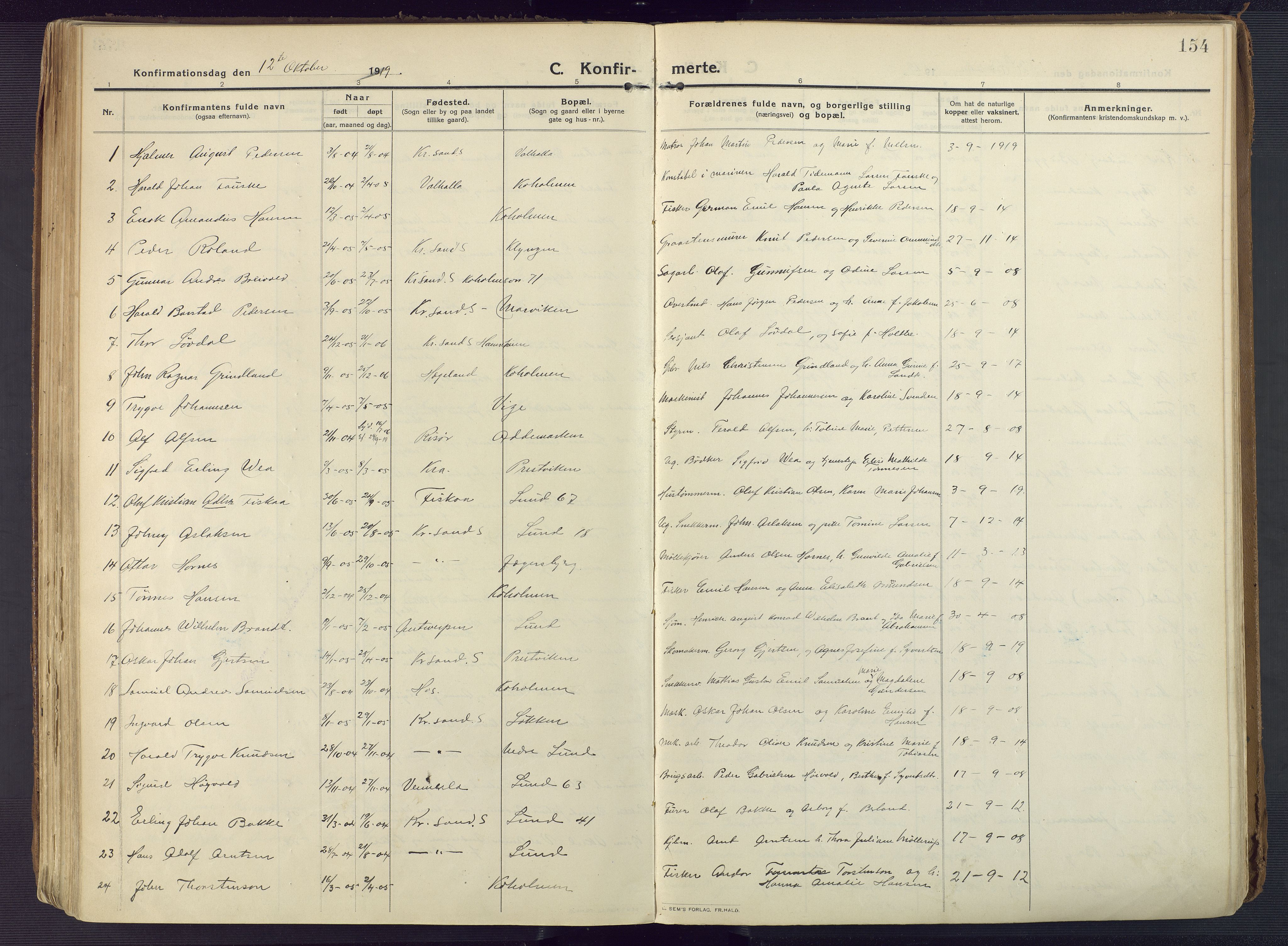 Oddernes sokneprestkontor, AV/SAK-1111-0033/F/Fa/Faa/L0012: Parish register (official) no. A 12, 1912-1925, p. 154