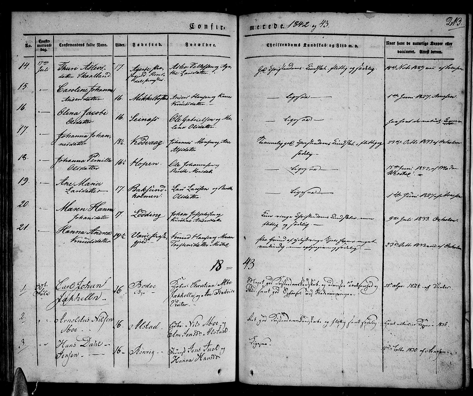 Ministerialprotokoller, klokkerbøker og fødselsregistre - Nordland, SAT/A-1459/801/L0006: Parish register (official) no. 801A06, 1834-1845, p. 213
