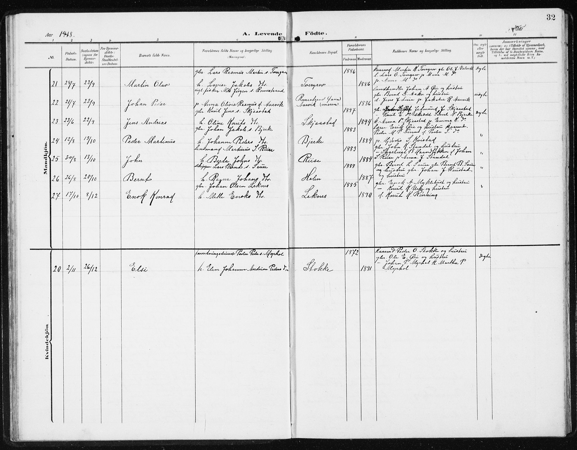 Ministerialprotokoller, klokkerbøker og fødselsregistre - Møre og Romsdal, SAT/A-1454/515/L0216: Parish register (copy) no. 515C03, 1906-1941, p. 32