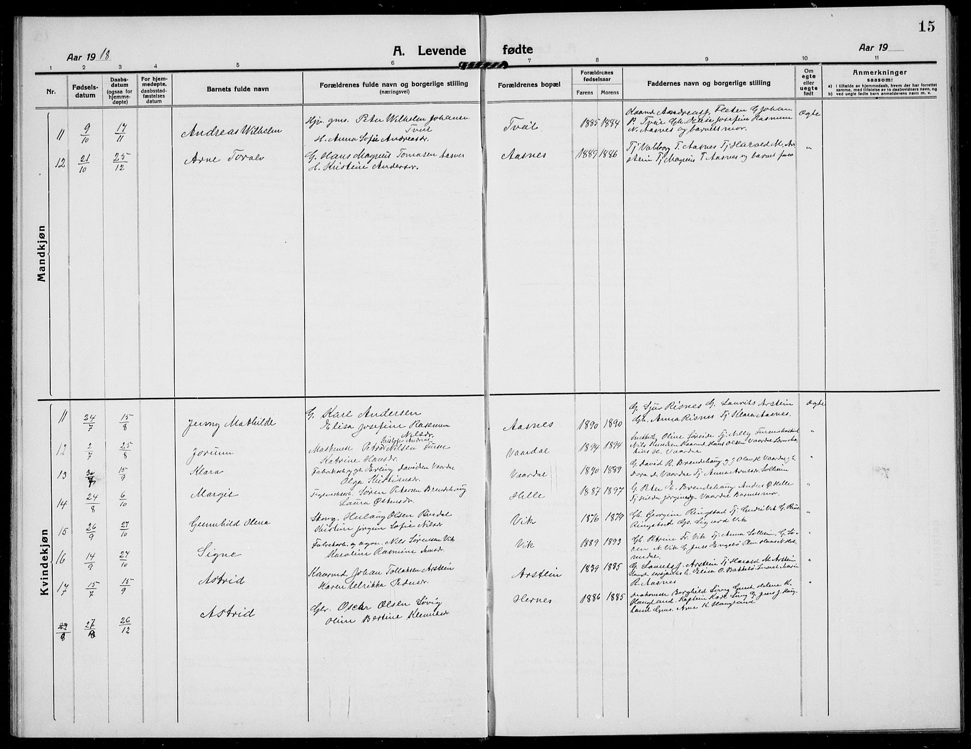 Fjaler sokneprestembete, AV/SAB-A-79801/H/Hab/Habb/L0003: Parish register (copy) no. B 3, 1913-1940, p. 15