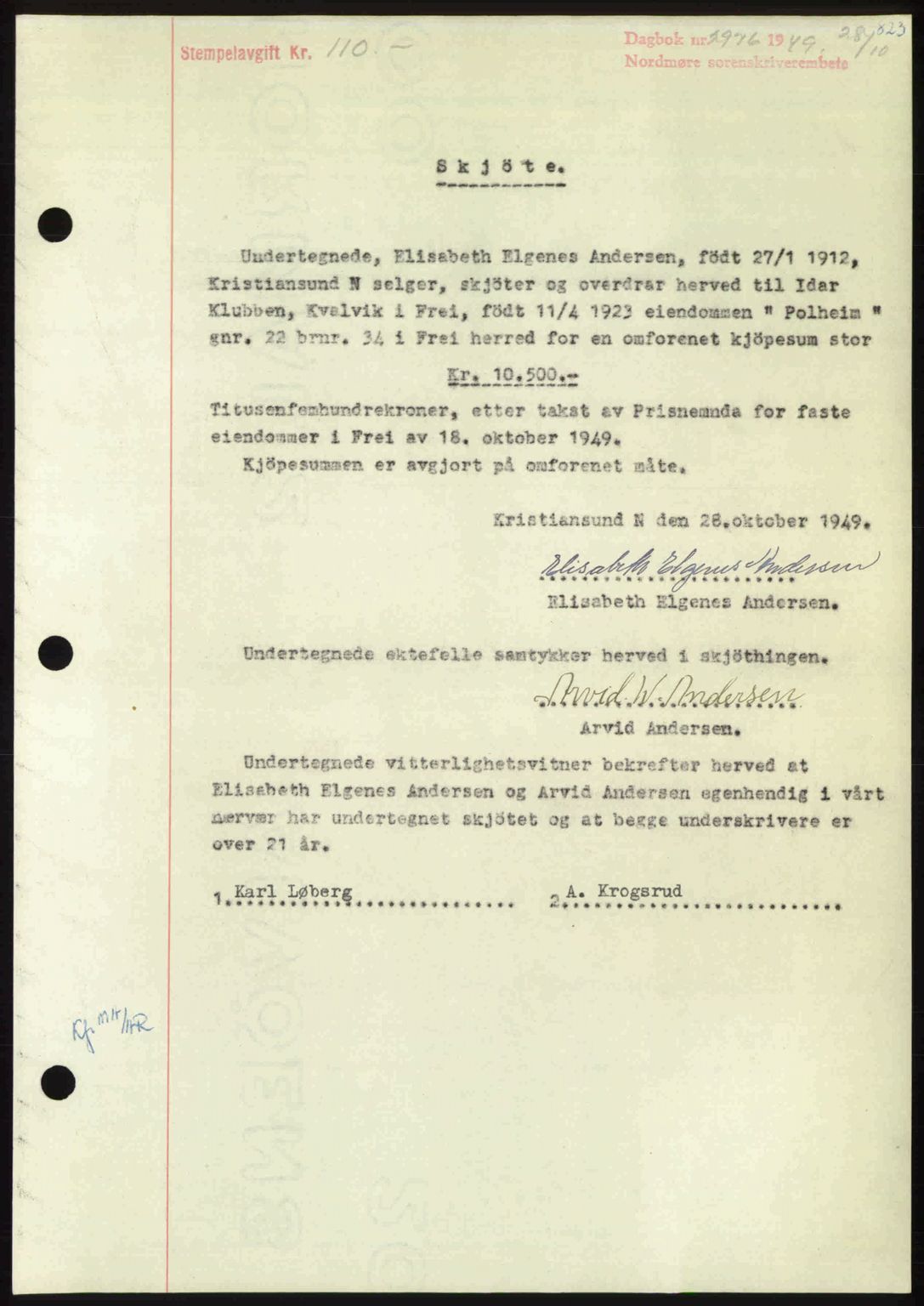 Nordmøre sorenskriveri, AV/SAT-A-4132/1/2/2Ca: Mortgage book no. A112, 1949-1949, Diary no: : 2976/1949