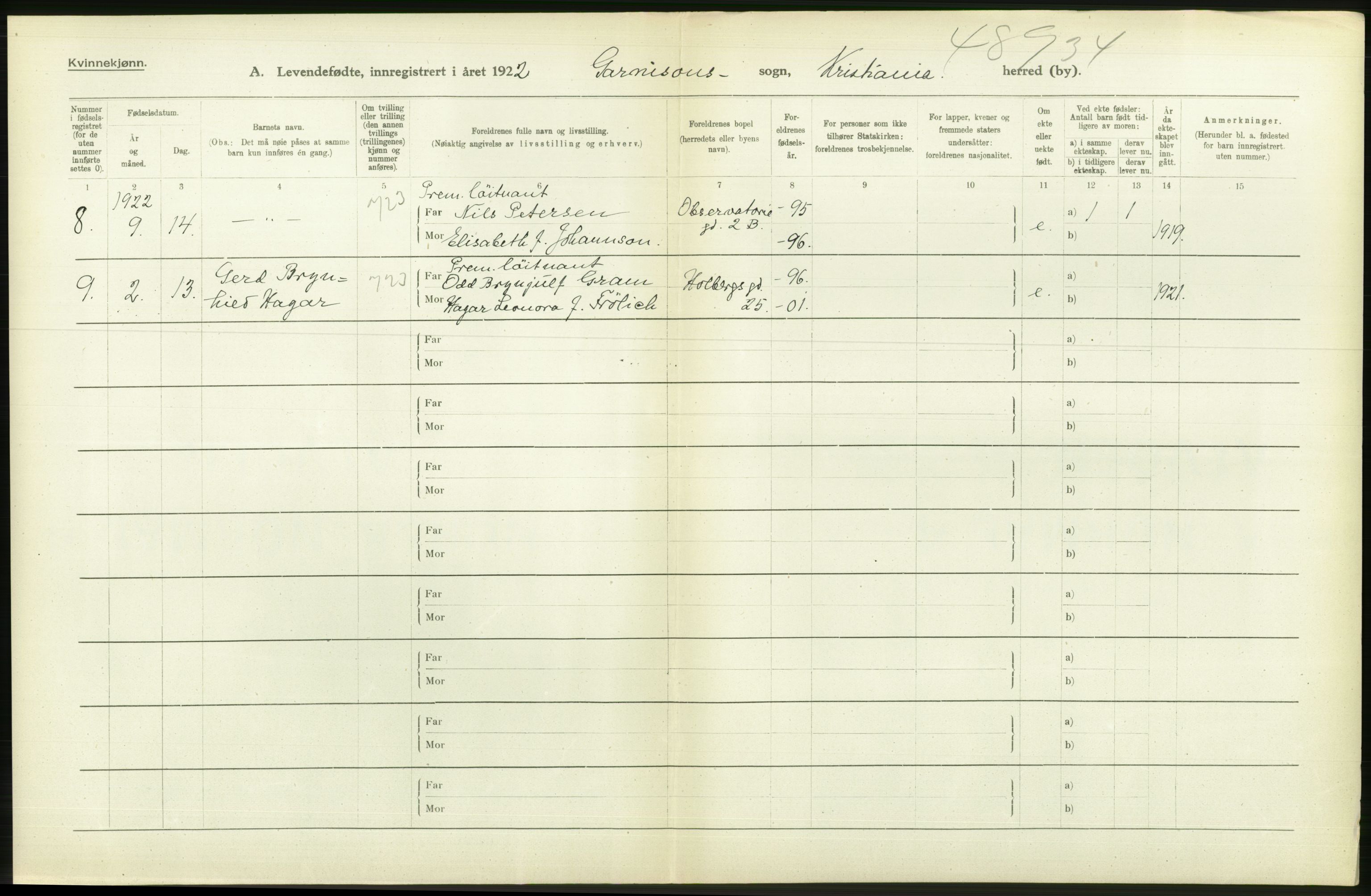 Statistisk sentralbyrå, Sosiodemografiske emner, Befolkning, AV/RA-S-2228/D/Df/Dfc/Dfcb/L0007: Kristiania: Levendefødte menn og kvinner., 1922, p. 166