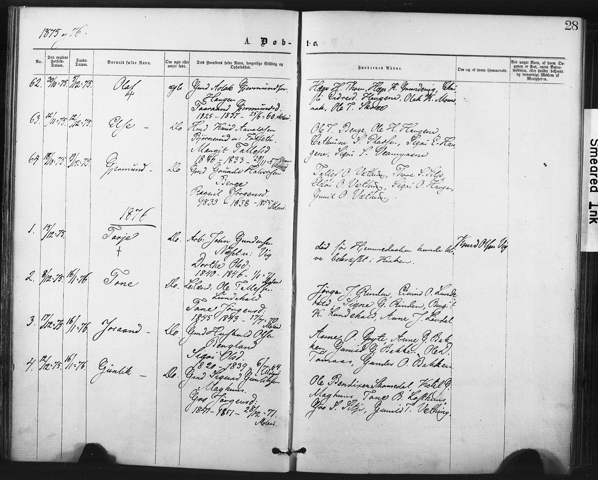 Fyresdal kirkebøker, AV/SAKO-A-263/F/Fa/L0006: Parish register (official) no. I 6, 1872-1886, p. 28