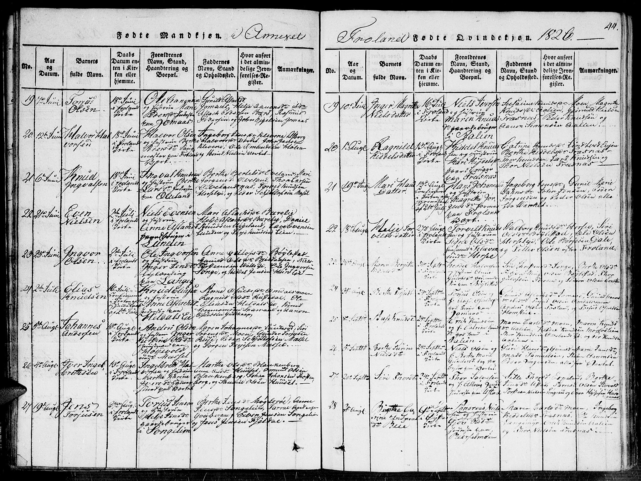 Fjære sokneprestkontor, SAK/1111-0011/F/Fa/L0001: Parish register (official) no. A 1 /2, 1816-1826, p. 44