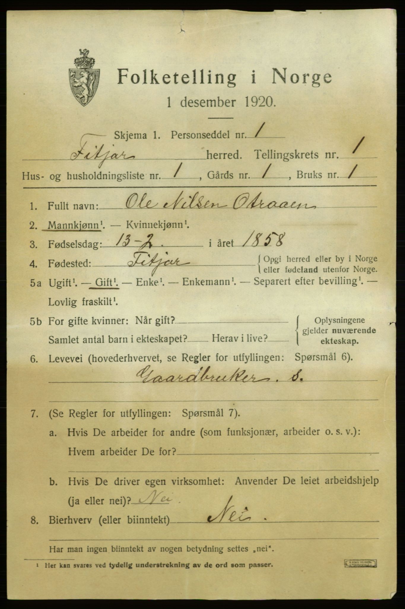 SAB, 1920 census for Fitjar, 1920, p. 948