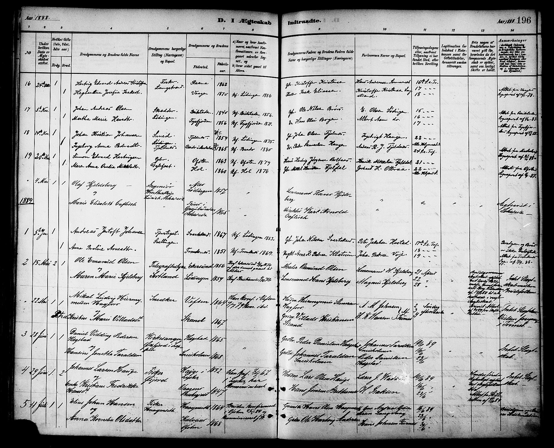 Ministerialprotokoller, klokkerbøker og fødselsregistre - Nordland, SAT/A-1459/872/L1035: Parish register (official) no. 872A10, 1884-1896, p. 196