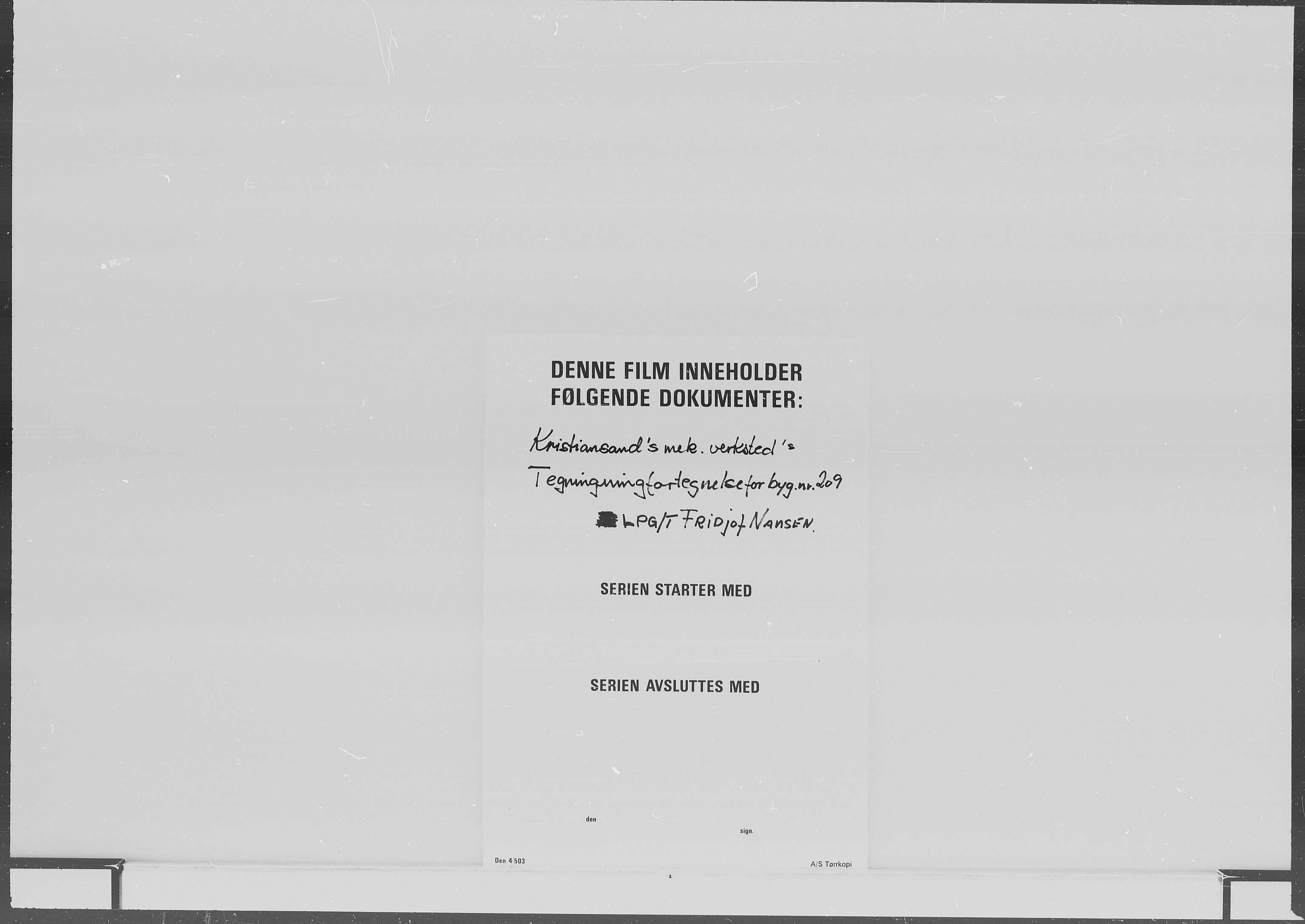 Kristiansand Mekaniske Verksted, SAK/D/0612/G/Ga/L0006/0002: Reprofoto av tegninger m.m. / 36 mm mikrofilmruller, reprofoto av skipstegninger, byggenr. 134-212, p. 1