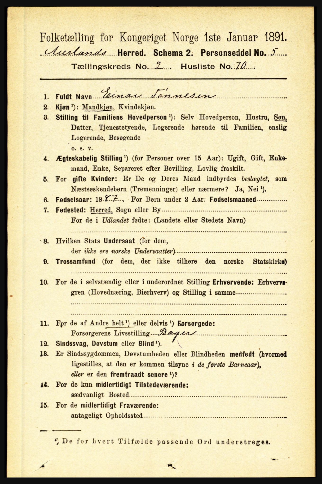 RA, 1891 census for 1421 Aurland, 1891, p. 869