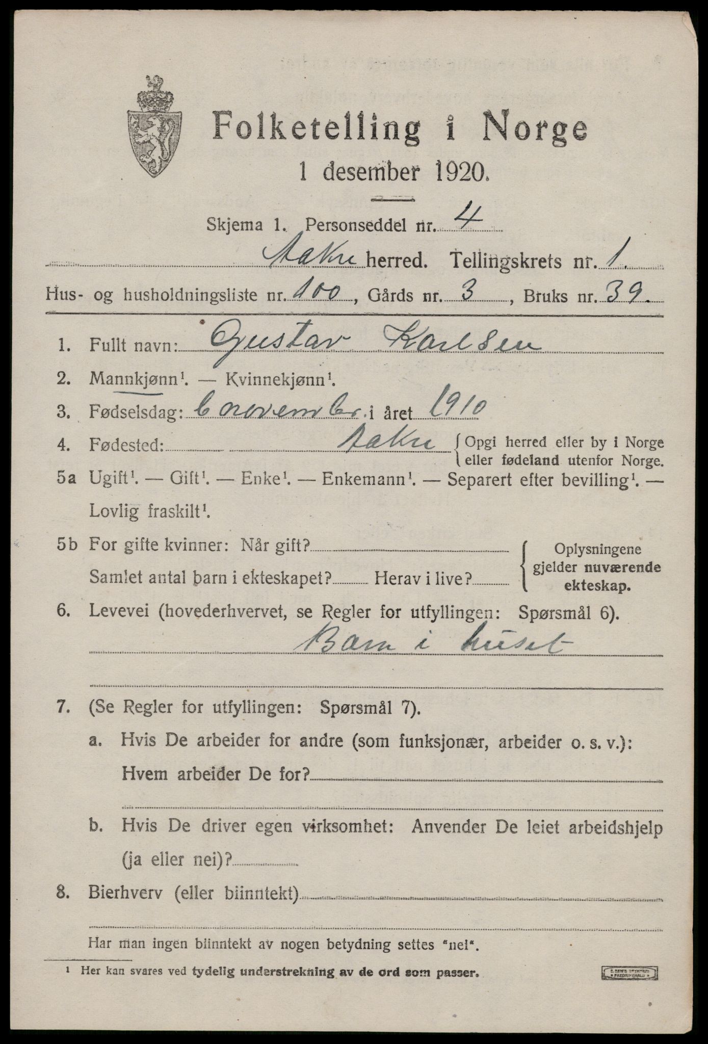 SAST, 1920 census for Åkra, 1920, p. 2384