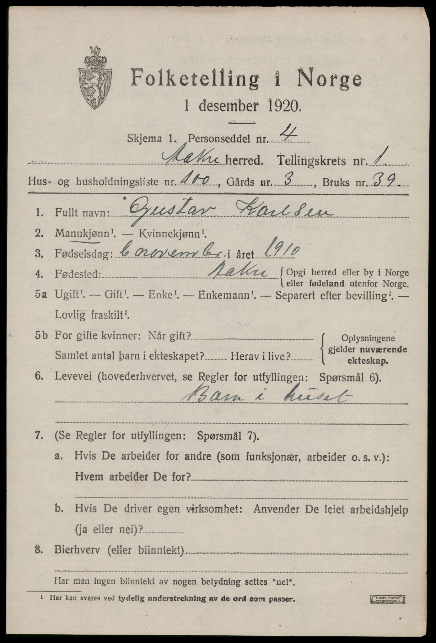 SAST, 1920 census for Åkra, 1920, p. 2384