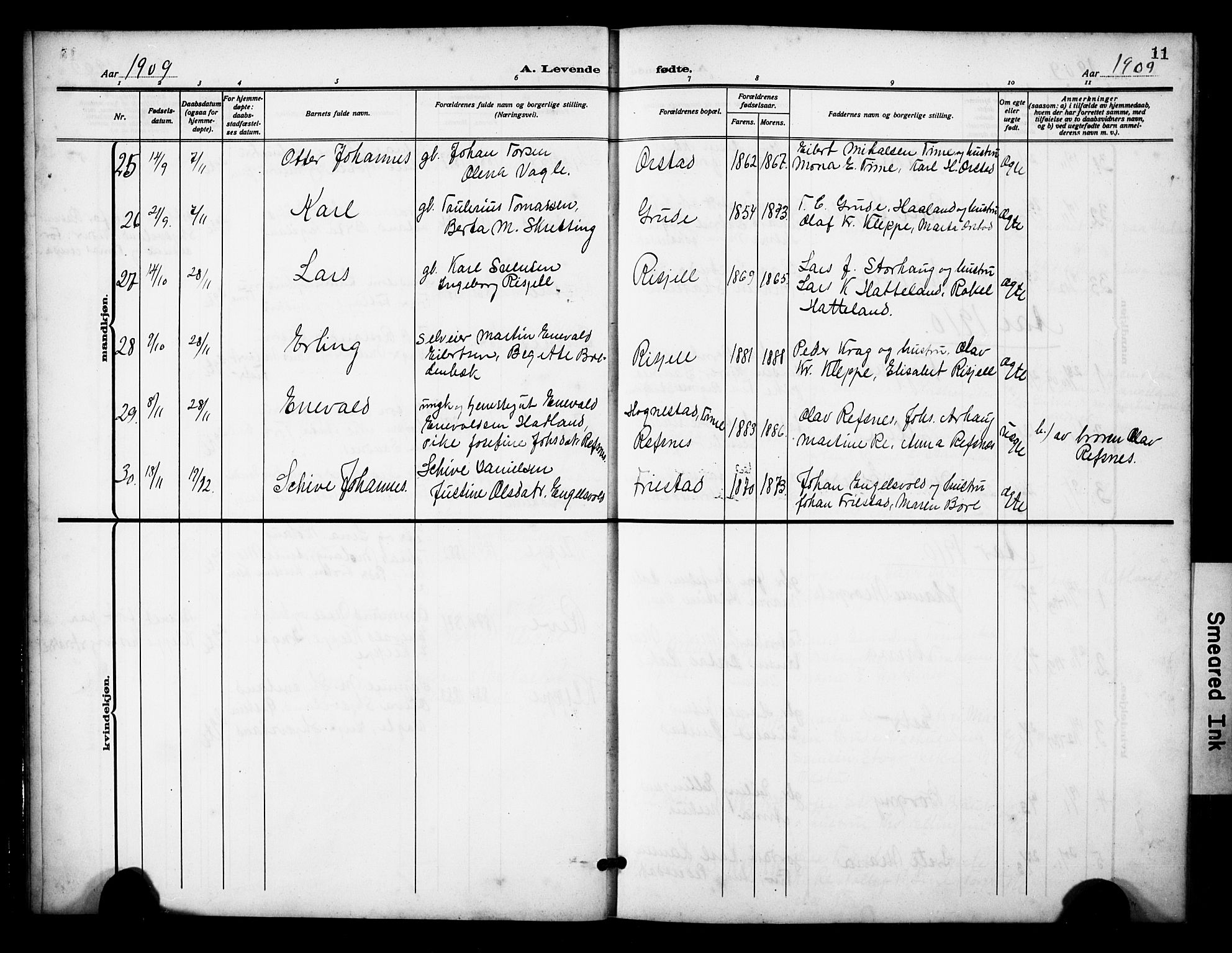 Klepp sokneprestkontor, AV/SAST-A-101803/001/3/30BB/L0007: Parish register (copy) no. B 7, 1908-1934, p. 11