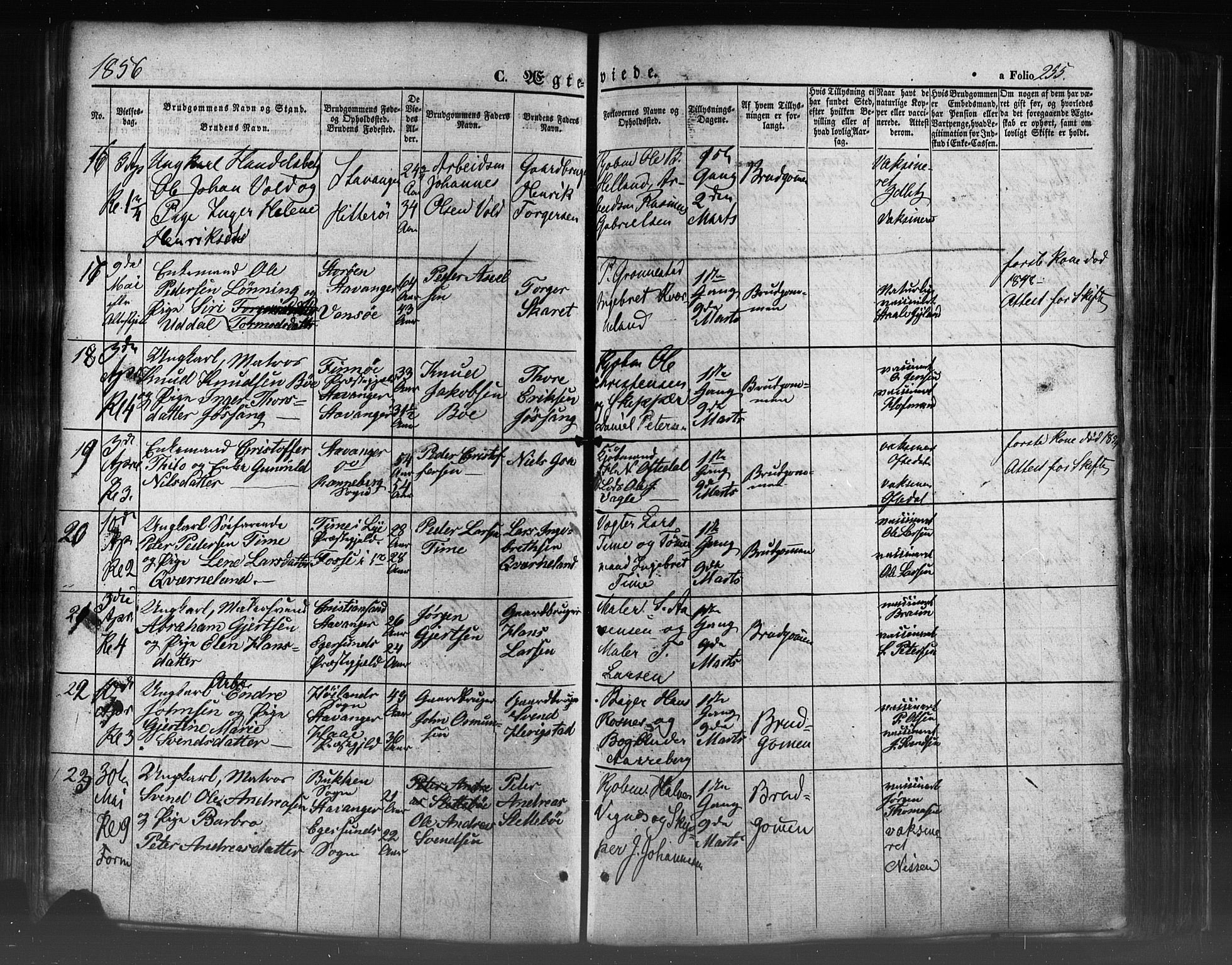 Domkirken sokneprestkontor, SAST/A-101812/001/30/30BB/L0009: Parish register (copy) no. B 9, 1850-1858, p. 255