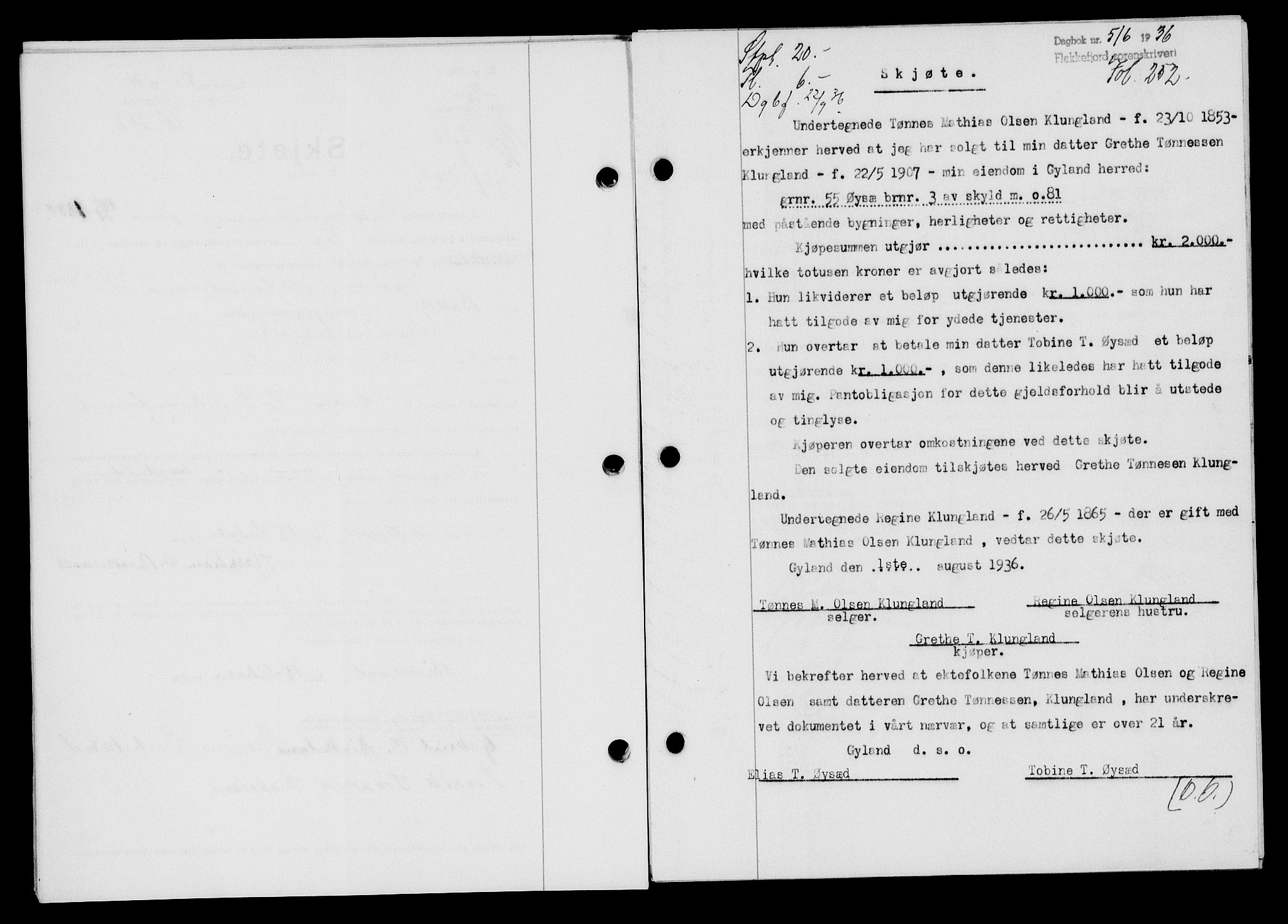 Flekkefjord sorenskriveri, SAK/1221-0001/G/Gb/Gba/L0053: Mortgage book no. A-1, 1936-1937, Diary no: : 516/1936