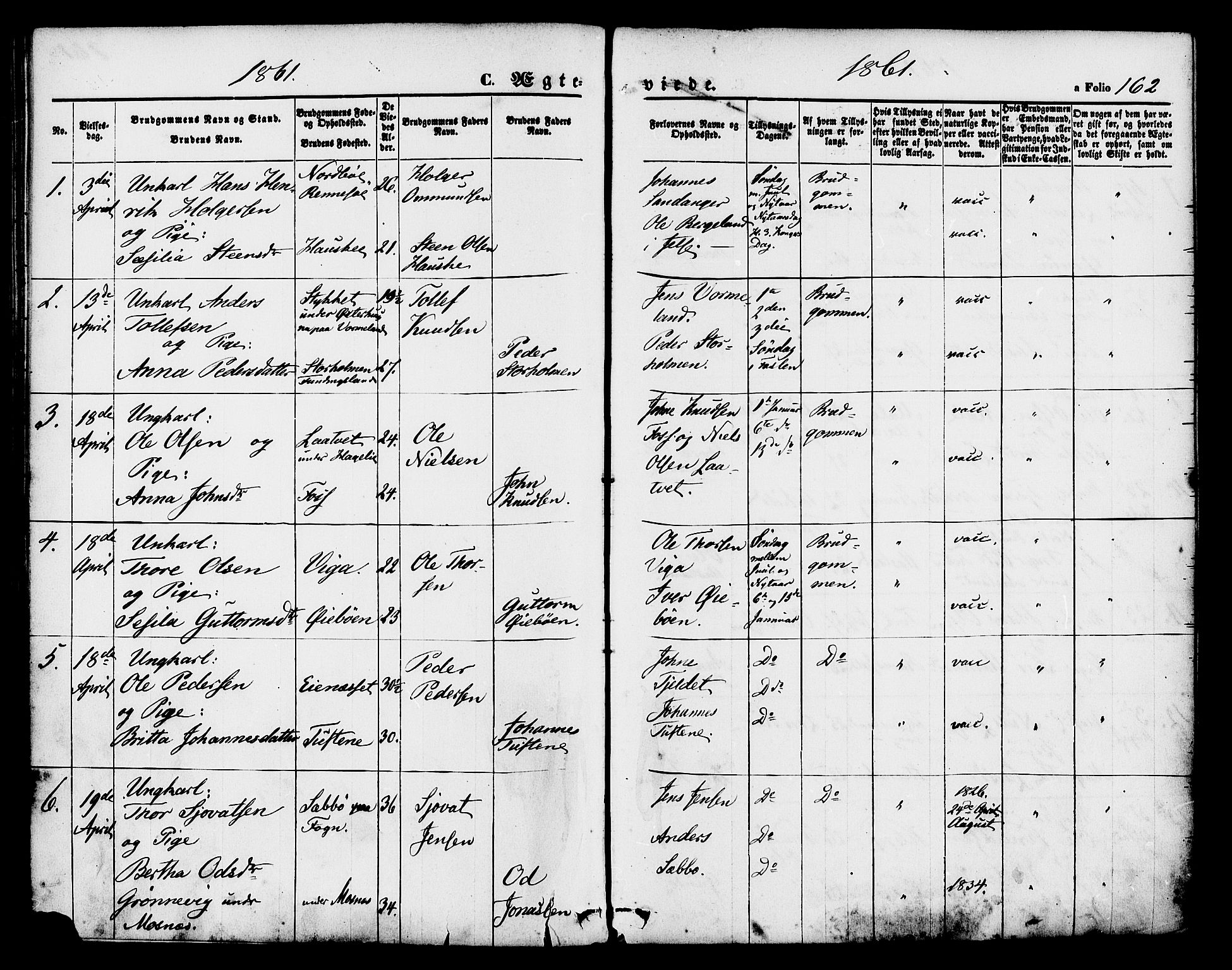 Hjelmeland sokneprestkontor, SAST/A-101843/01/IV/L0011: Parish register (official) no. A 11, 1861-1878, p. 162