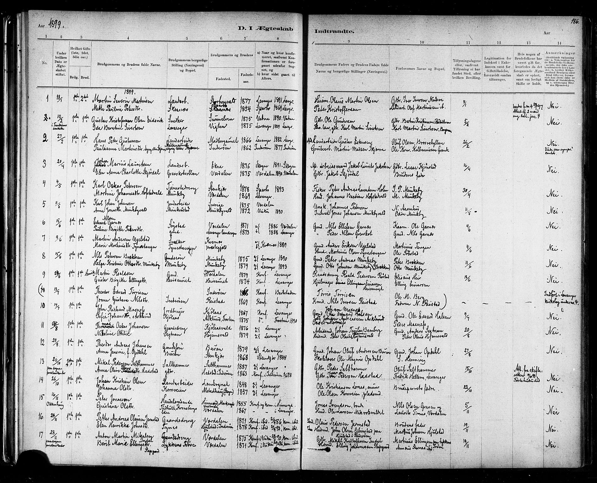 Ministerialprotokoller, klokkerbøker og fødselsregistre - Nord-Trøndelag, SAT/A-1458/721/L0208: Parish register (copy) no. 721C01, 1880-1917, p. 186