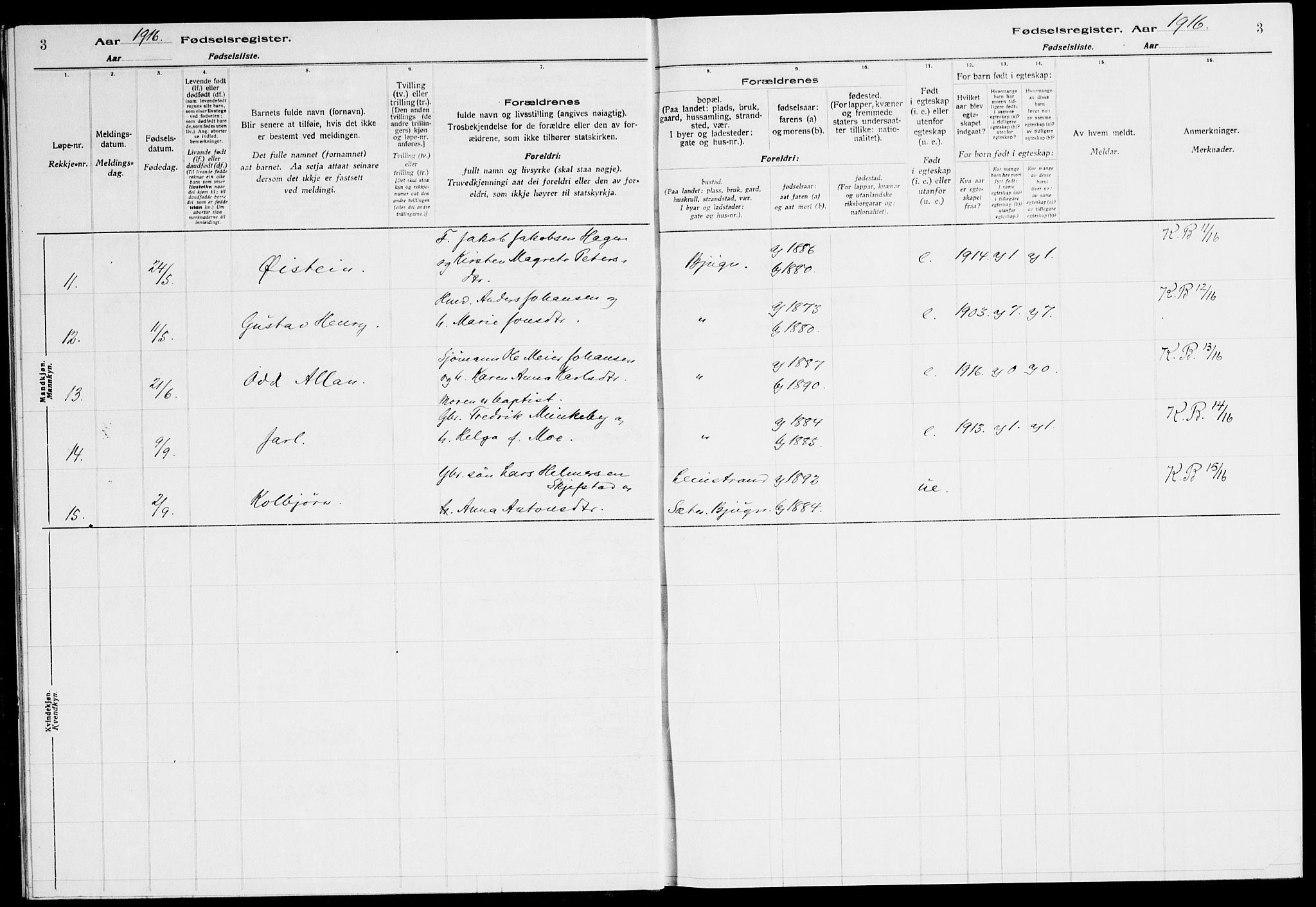 Ministerialprotokoller, klokkerbøker og fødselsregistre - Sør-Trøndelag, AV/SAT-A-1456/651/L0650: Birth register no. 651.II.4.1, 1916-1923, p. 3