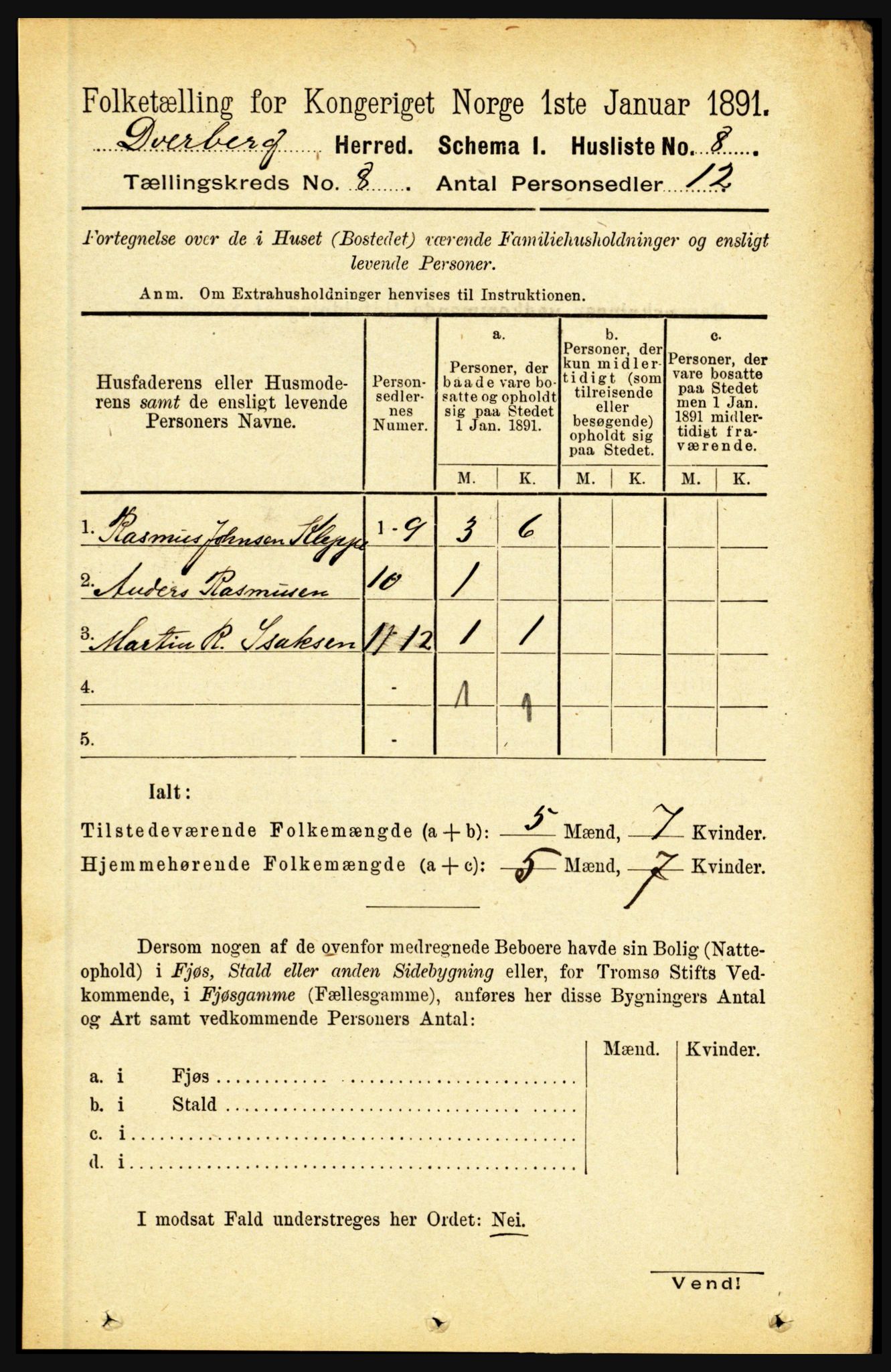 RA, 1891 census for 1872 Dverberg, 1891, p. 3056