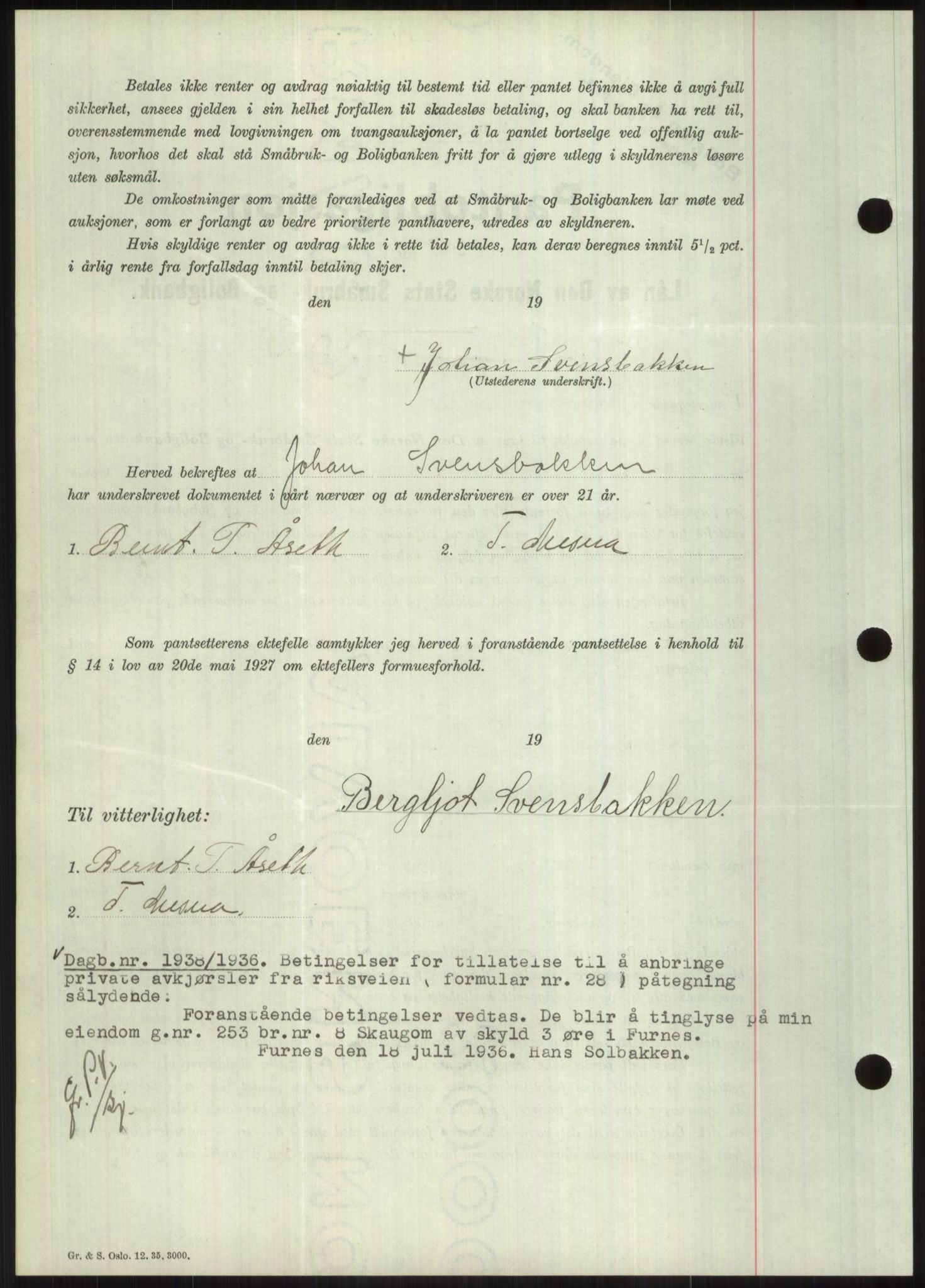 Nord-Hedmark sorenskriveri, SAH/TING-012/H/Hb/Hbf/L0001: Mortgage book no. B1, 1936-1936, Diary no: : 1941/1936