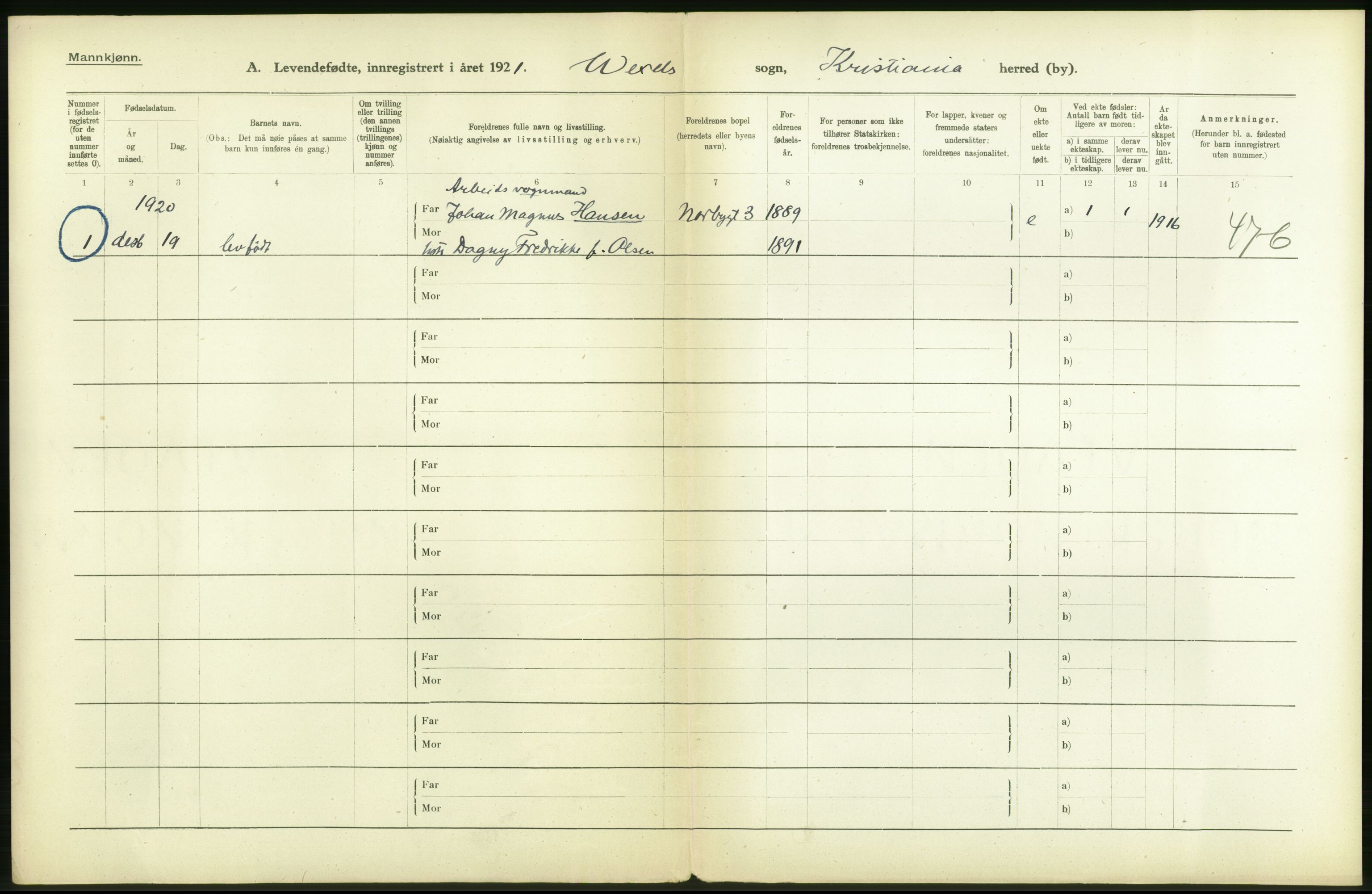 Statistisk sentralbyrå, Sosiodemografiske emner, Befolkning, AV/RA-S-2228/D/Df/Dfc/Dfca/L0009: Kristiania: Levendefødte menn og kvinner., 1921, p. 36