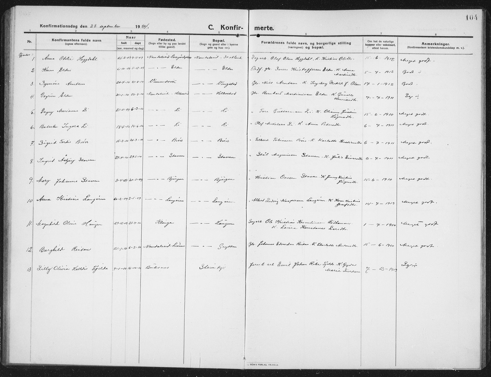 Ministerialprotokoller, klokkerbøker og fødselsregistre - Nord-Trøndelag, SAT/A-1458/742/L0413: Parish register (copy) no. 742C04, 1911-1938, p. 104