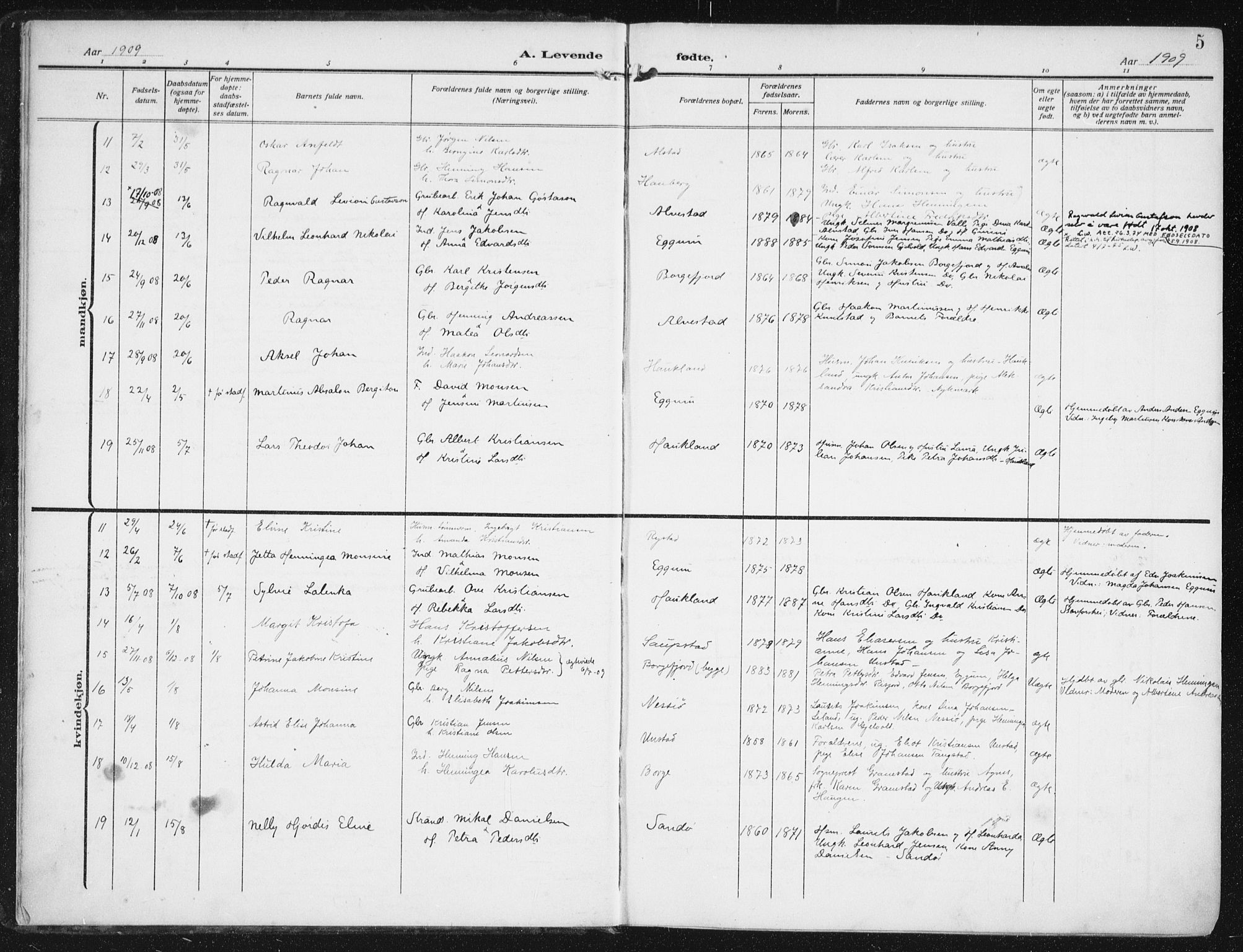 Ministerialprotokoller, klokkerbøker og fødselsregistre - Nordland, SAT/A-1459/880/L1135: Parish register (official) no. 880A09, 1908-1919, p. 5