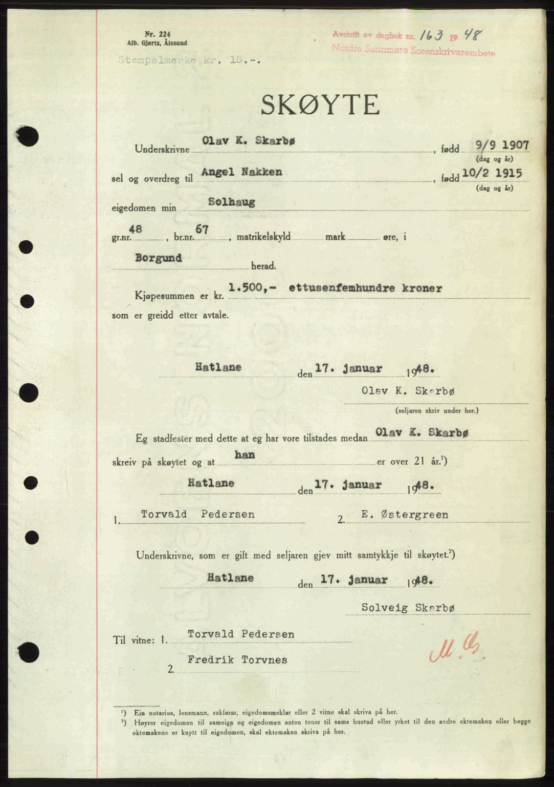 Nordre Sunnmøre sorenskriveri, AV/SAT-A-0006/1/2/2C/2Ca: Mortgage book no. A26, 1947-1948, Diary no: : 163/1948