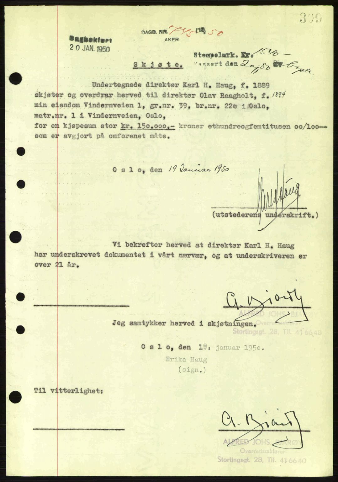 Oslo byskriverembete, AV/SAO-A-10227/G/Gb/Gbd/Gbda/L0017: Mortgage book no. A215, 1949-1950, Diary no: : 745/1950