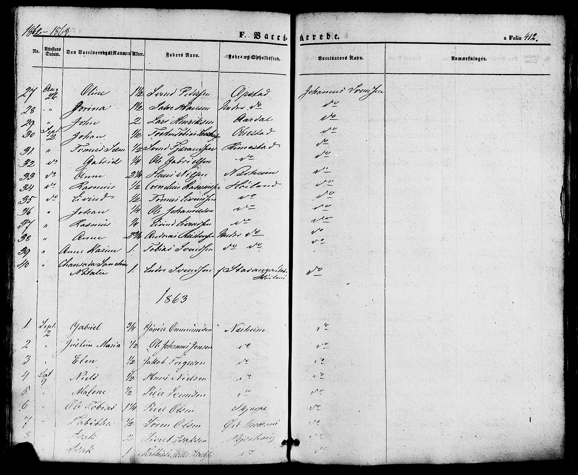 Hå sokneprestkontor, SAST/A-101801/001/30BA/L0008: Parish register (official) no. A 7, 1853-1878, p. 412