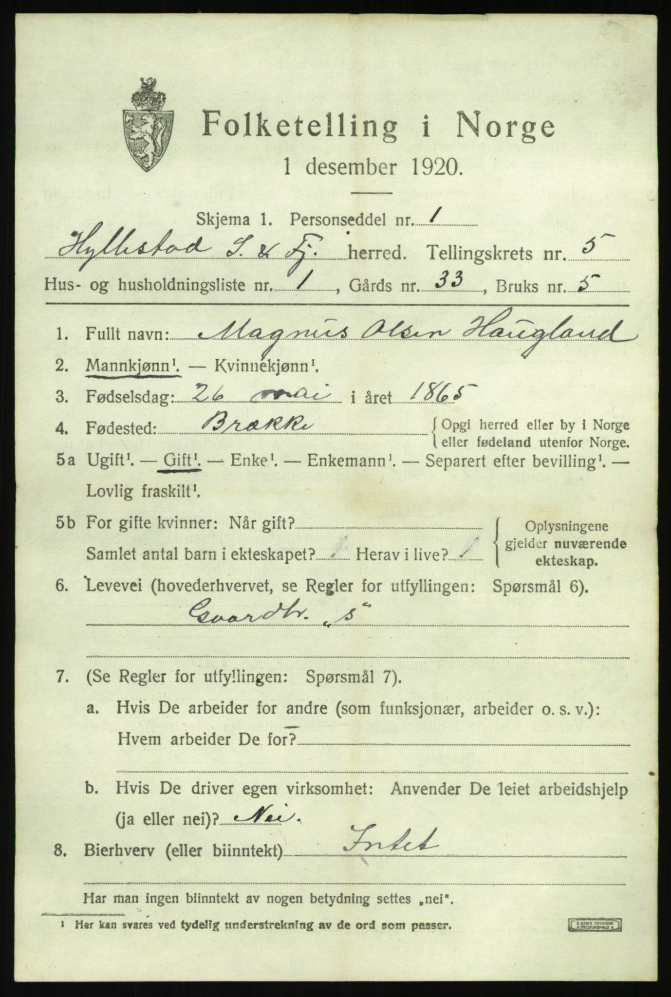 SAB, 1920 census for Hyllestad, 1920, p. 2358