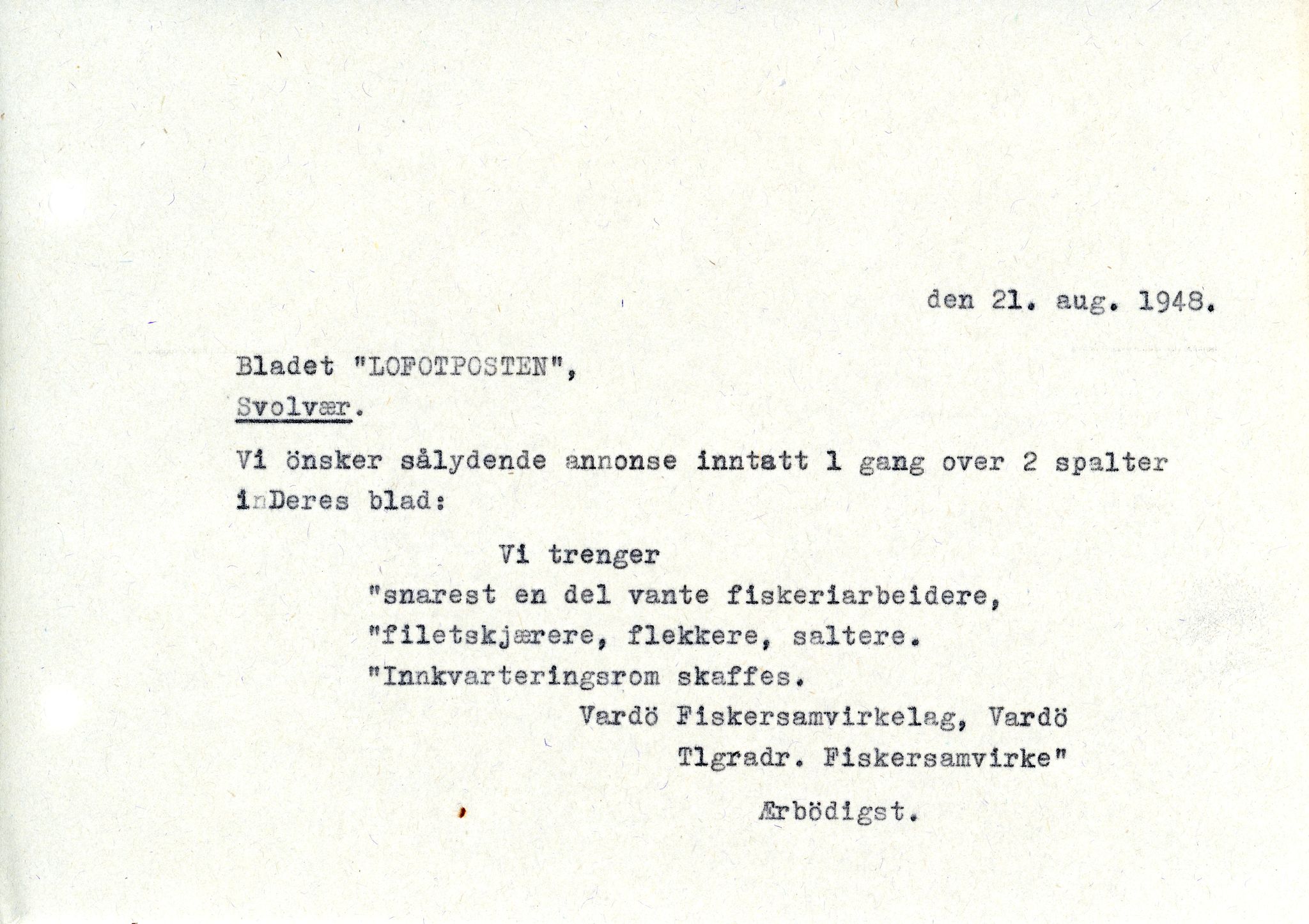 Vardø Fiskersamvirkelag, VAMU/A-0037/D/Da/L0001: Korrespondanse Ab-Eg, 1946-1950