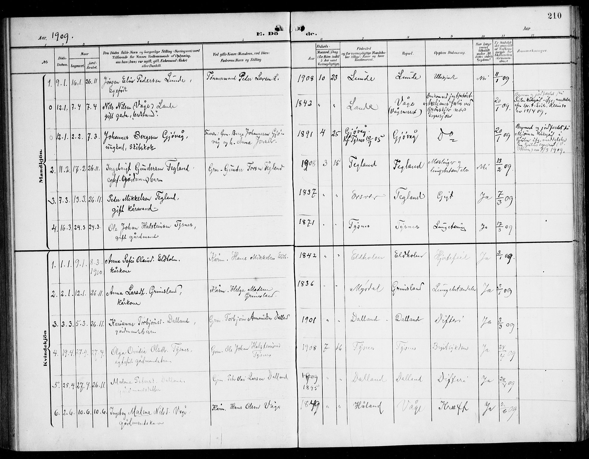 Tysnes sokneprestembete, SAB/A-78601/H/Haa: Parish register (official) no. B 2, 1907-1925, p. 210