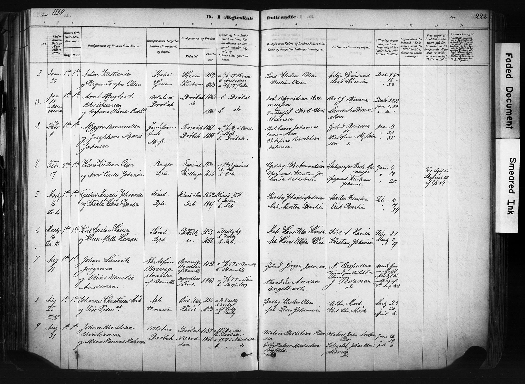 Drøbak prestekontor Kirkebøker, AV/SAO-A-10142a/F/Fb/L0001: Parish register (official) no. II 1, 1878-1891, p. 223