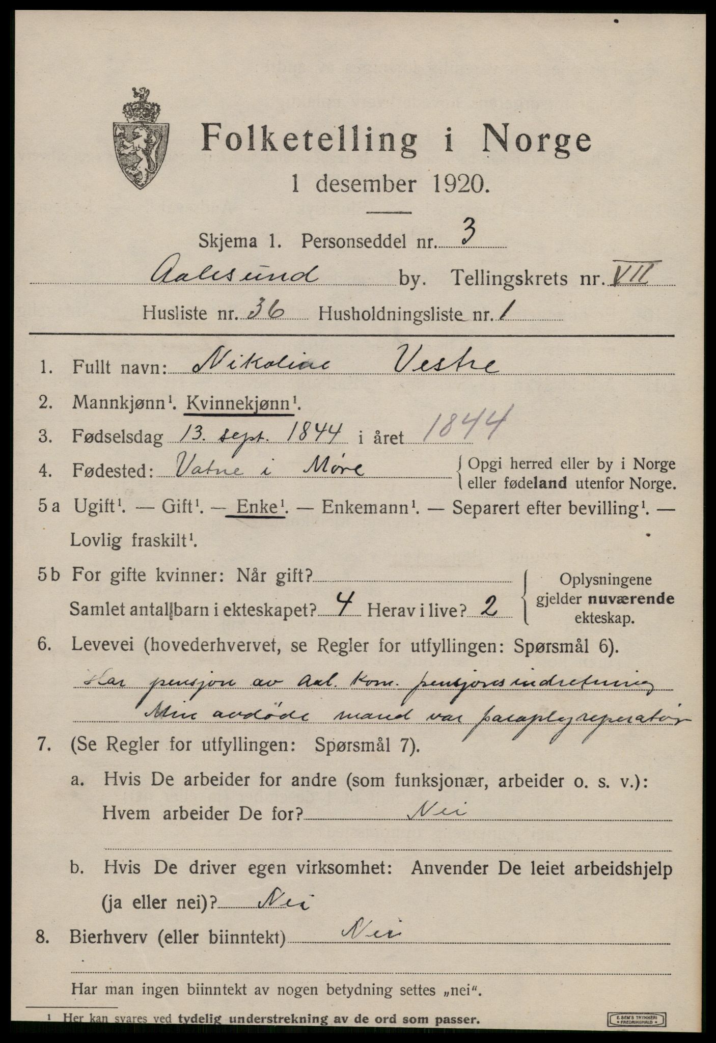 SAT, 1920 census for Ålesund, 1920, p. 20446