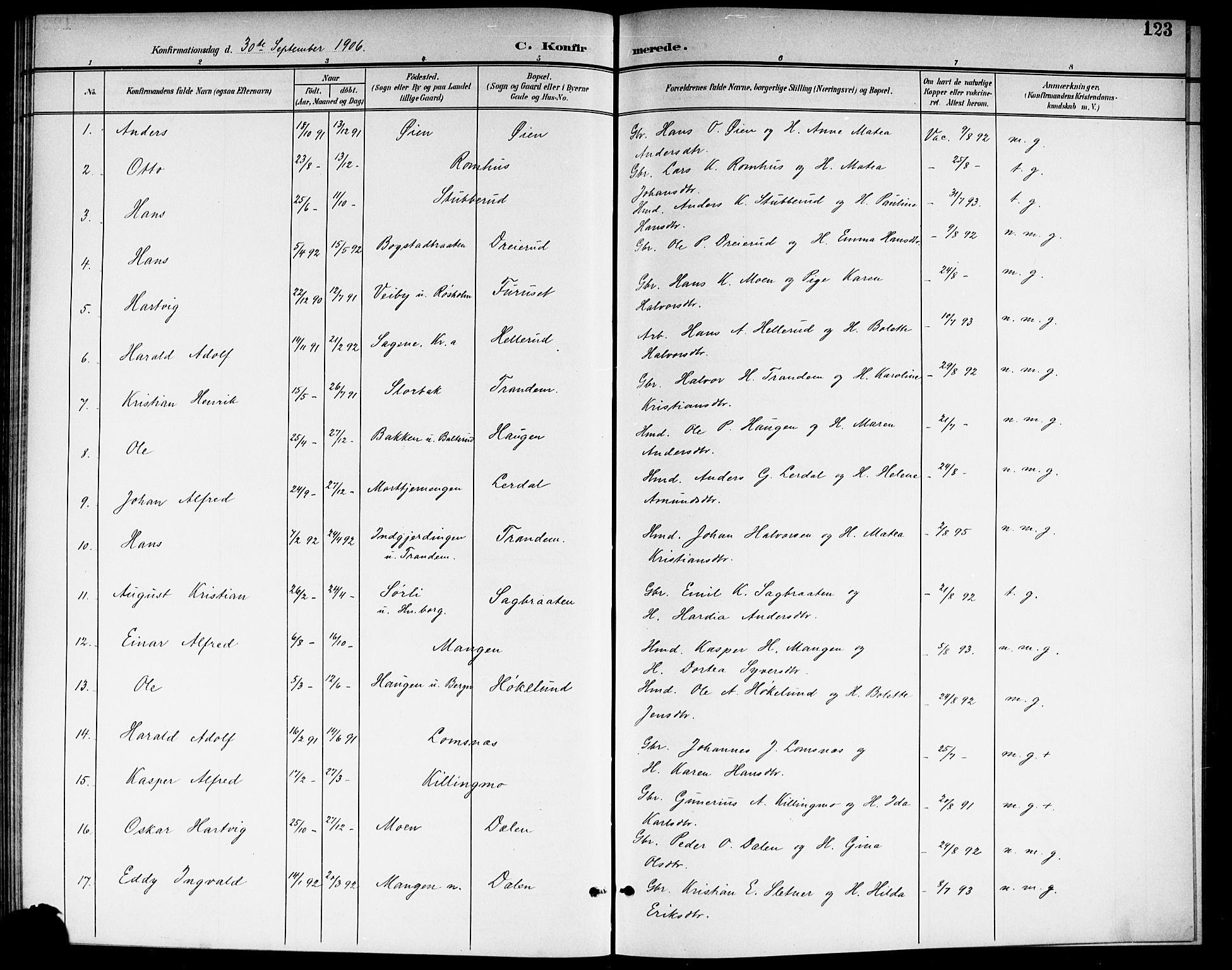 Aurskog prestekontor Kirkebøker, SAO/A-10304a/G/Ga/L0004: Parish register (copy) no. I 4, 1901-1921, p. 123
