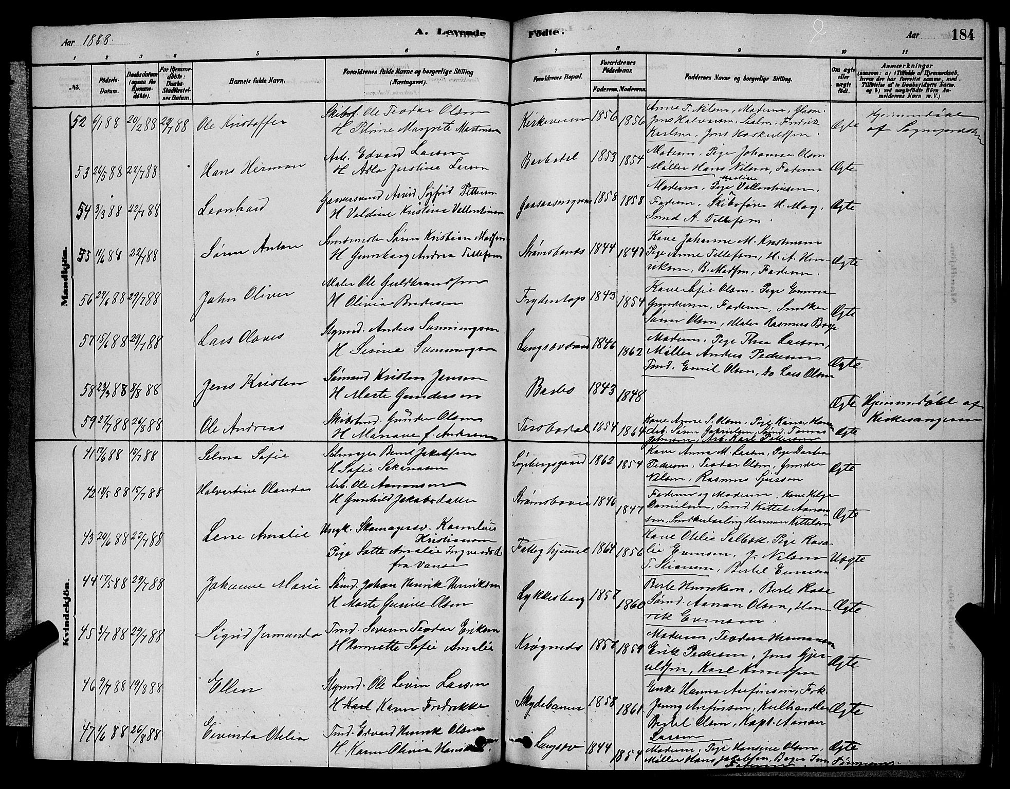 Barbu sokneprestkontor, AV/SAK-1111-0003/F/Fb/L0001: Parish register (copy) no. B 1, 1878-1890, p. 184