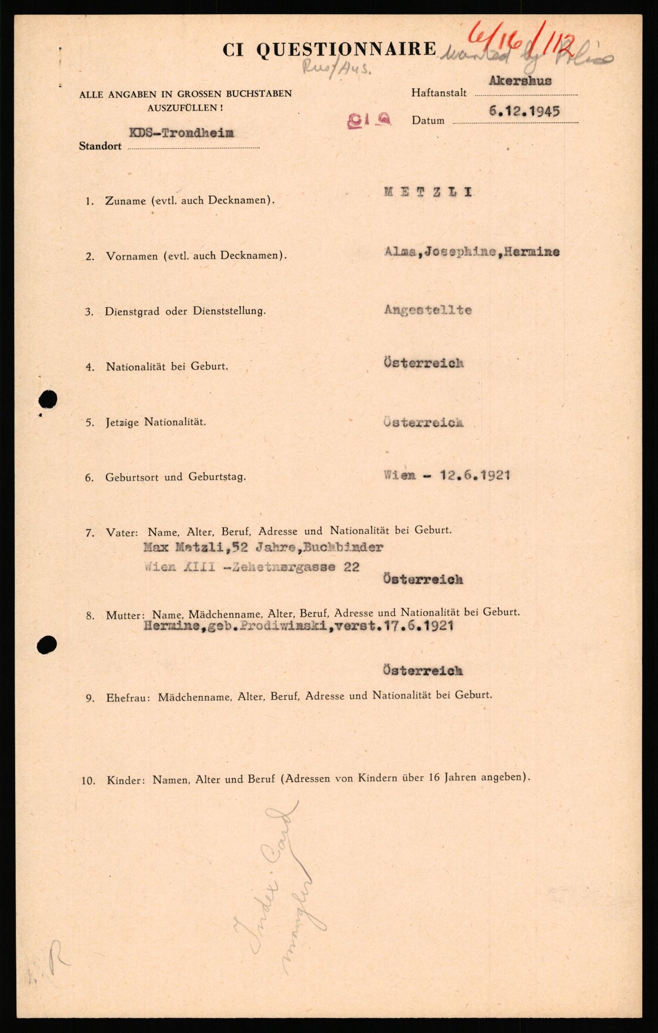 Forsvaret, Forsvarets overkommando II, AV/RA-RAFA-3915/D/Db/L0039: CI Questionaires. Tyske okkupasjonsstyrker i Norge. Østerrikere., 1945-1946, p. 424