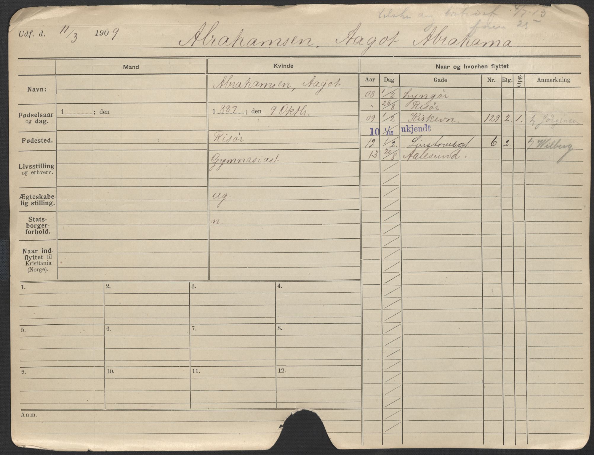Oslo folkeregister, Registerkort, AV/SAO-A-11715/F/Fa/Fac/L0012: Kvinner, 1906-1914, p. 3a