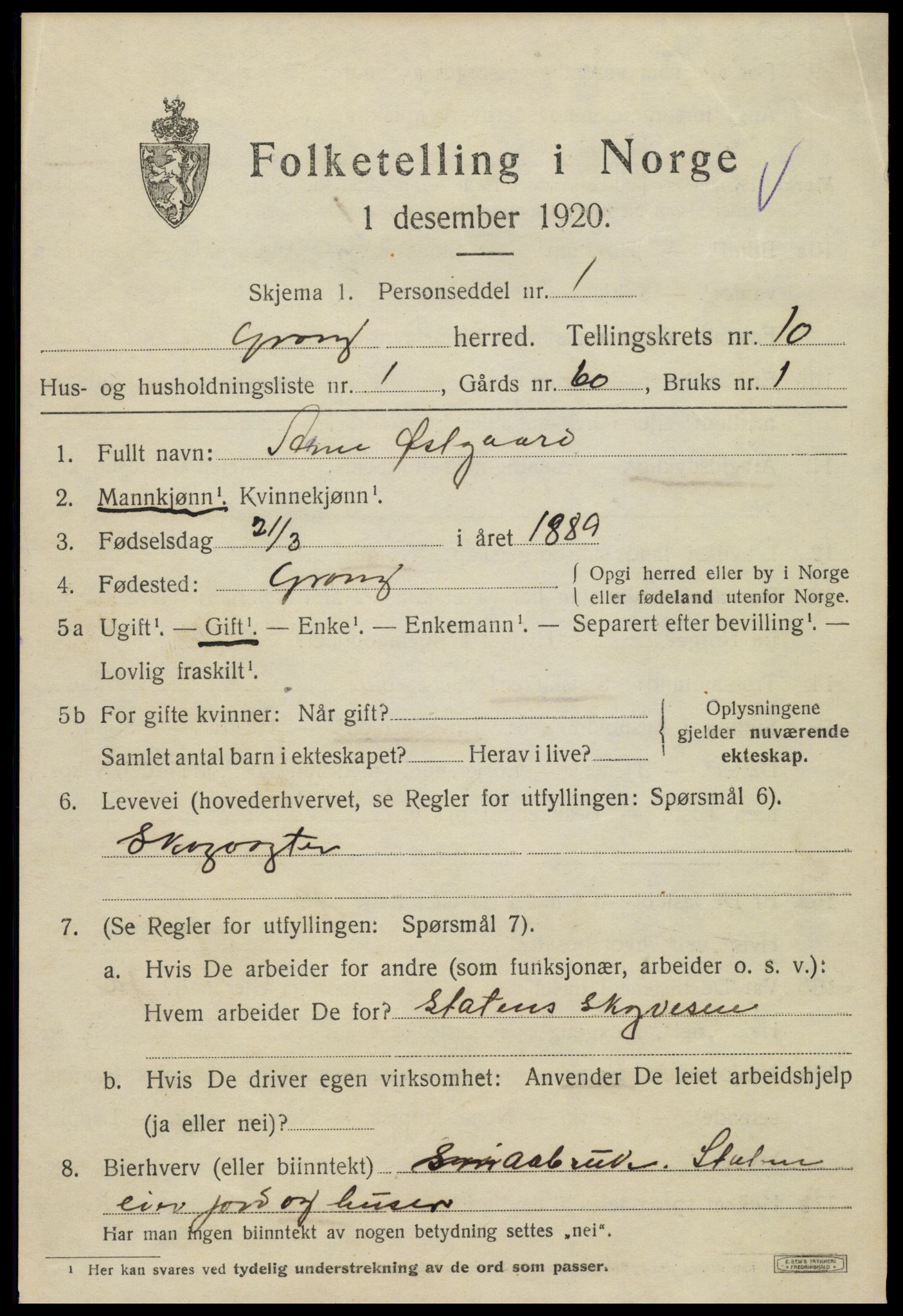 SAT, 1920 census for Grong, 1920, p. 5585