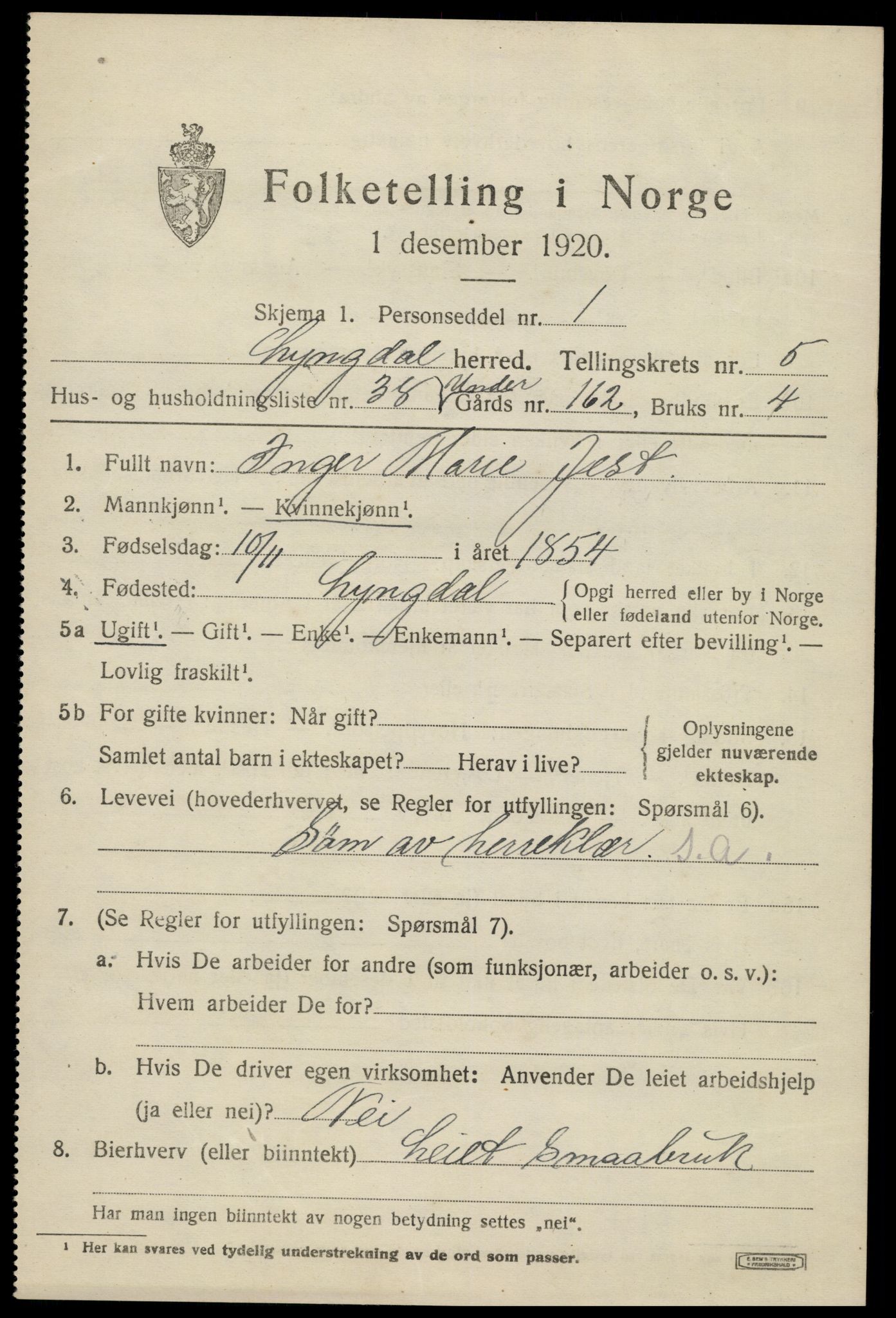 SAK, 1920 census for Lyngdal, 1920, p. 3333