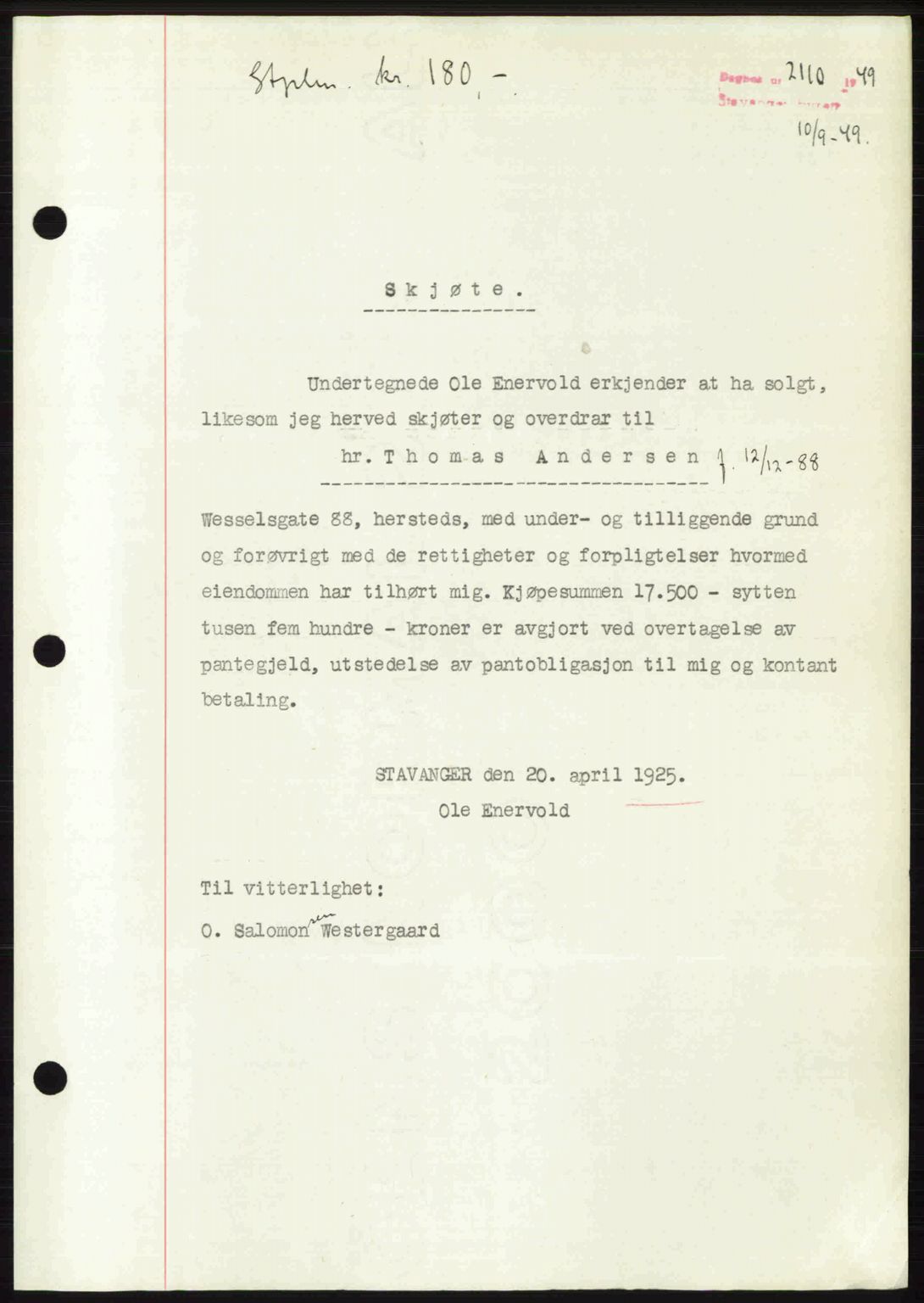 Stavanger byrett, AV/SAST-A-100455/002/G/Gb/L0023: Mortgage book no. A12, 1948-1949, Diary no: : 2110/1949