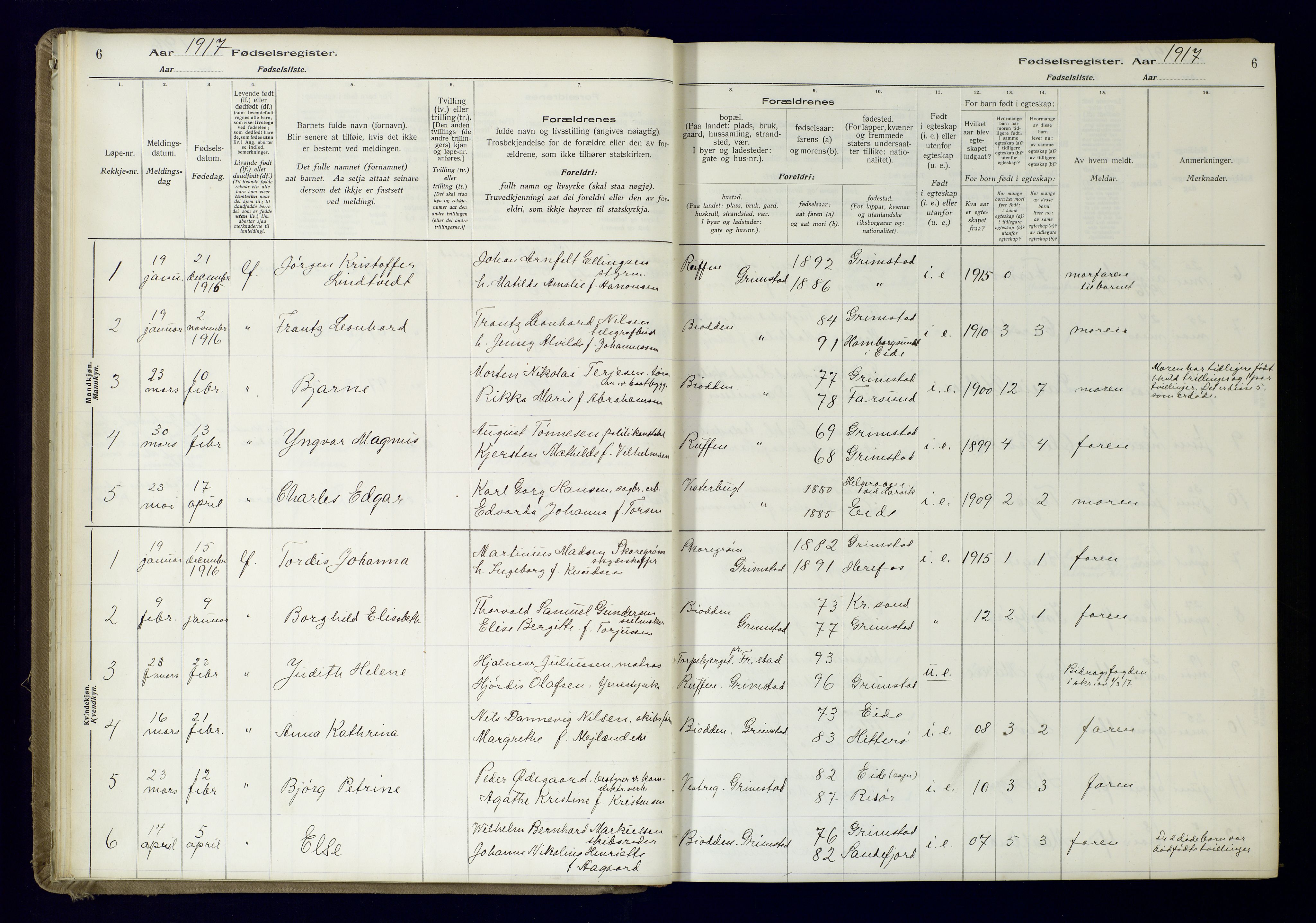 Grimstad sokneprestkontor, AV/SAK-1111-0017/J/Ja/L0001: Birth register no. 1, 1916-1960, p. 6