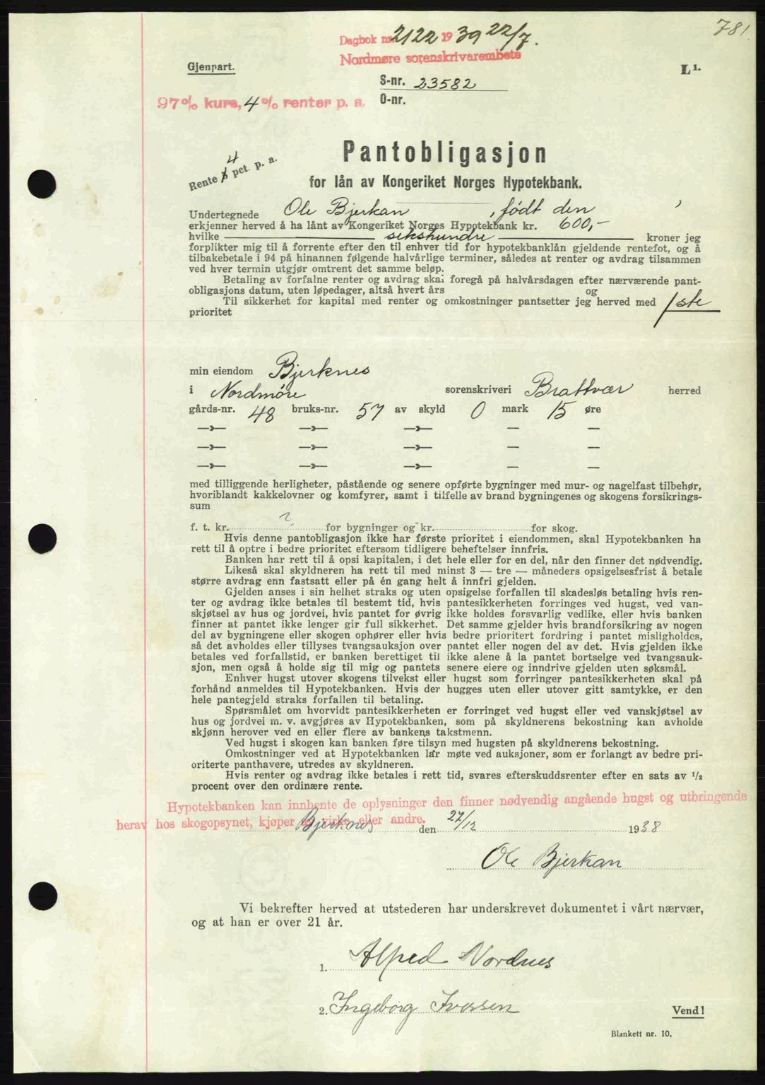 Nordmøre sorenskriveri, AV/SAT-A-4132/1/2/2Ca: Mortgage book no. B85, 1939-1939, Diary no: : 2122/1939