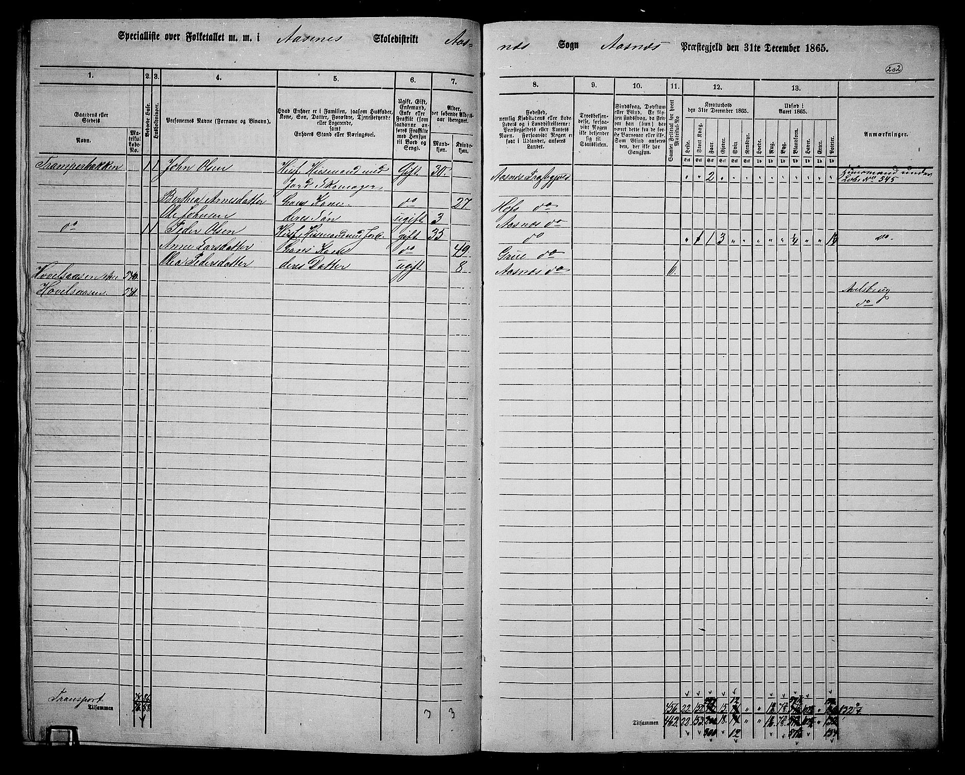 RA, 1865 census for Åsnes, 1865, p. 186