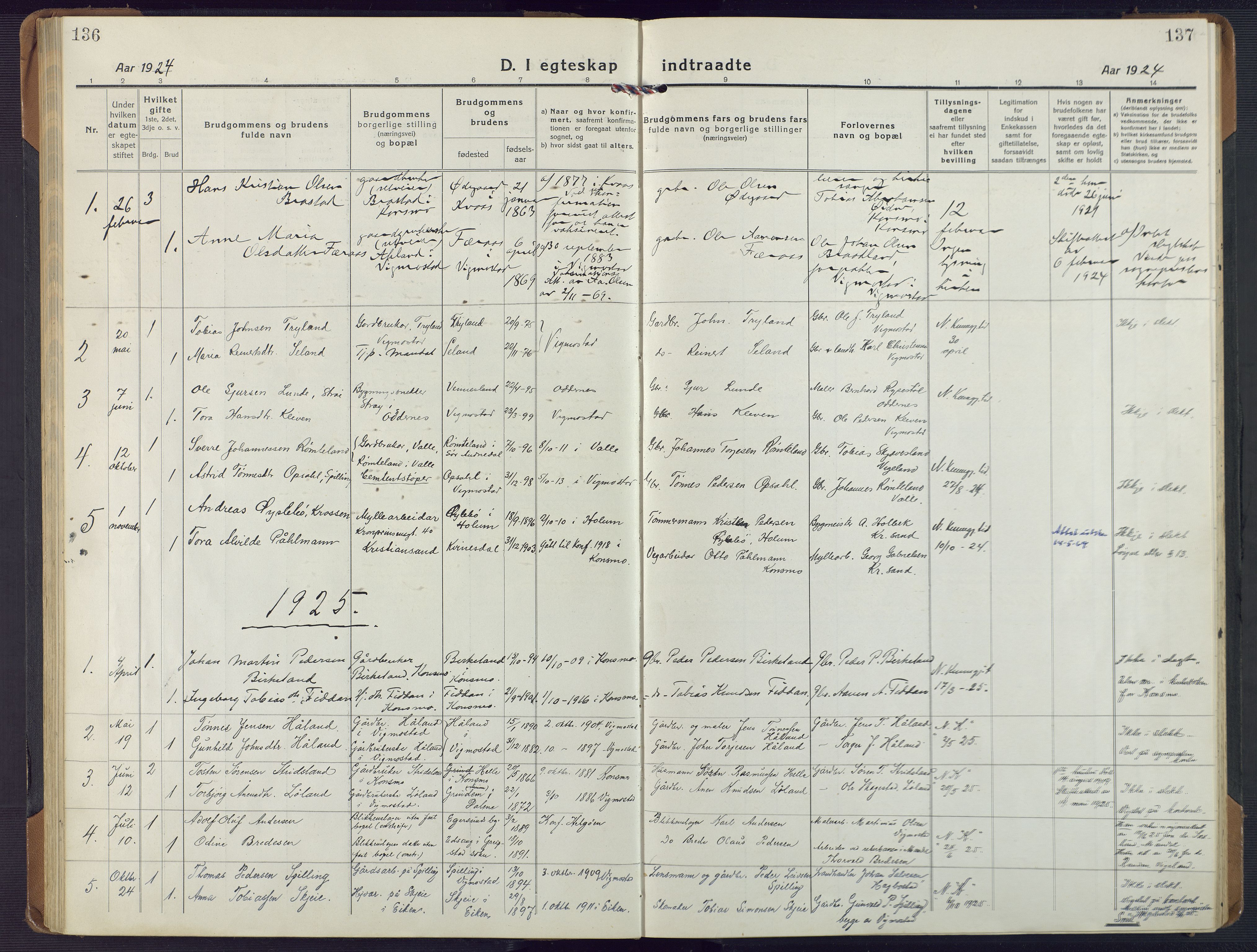 Nord-Audnedal sokneprestkontor, SAK/1111-0032/F/Fa/Fab/L0005: Parish register (official) no. A 5, 1918-1925, p. 136-137